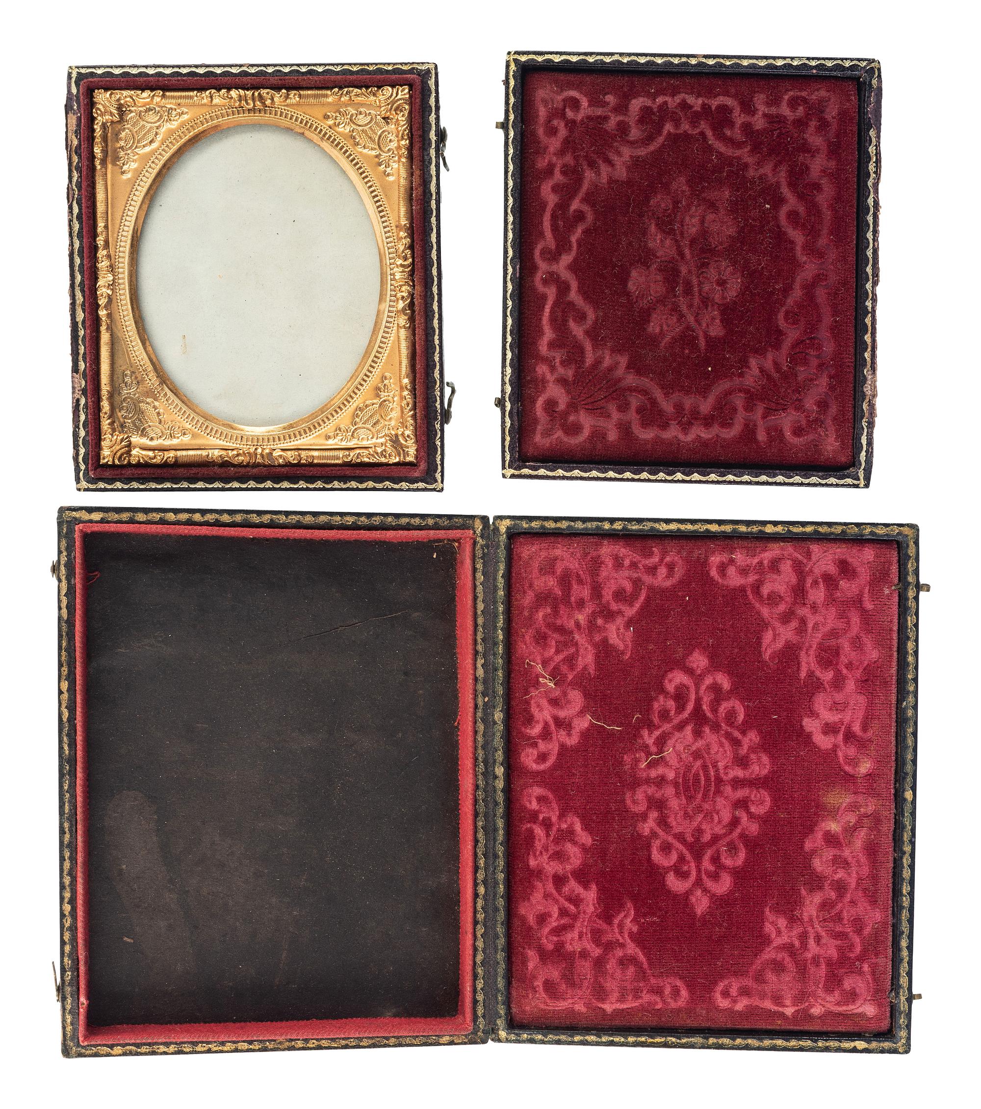 [EARLY PHOTOGRAPHY - PORTRAITURE]. A group of 21 assorted daguerreotypes, ambrotypes, tintypes, and CDVs of men, women, and children, with Kenosha, WI album with tintypes, CDVs, and cabinet cards.
