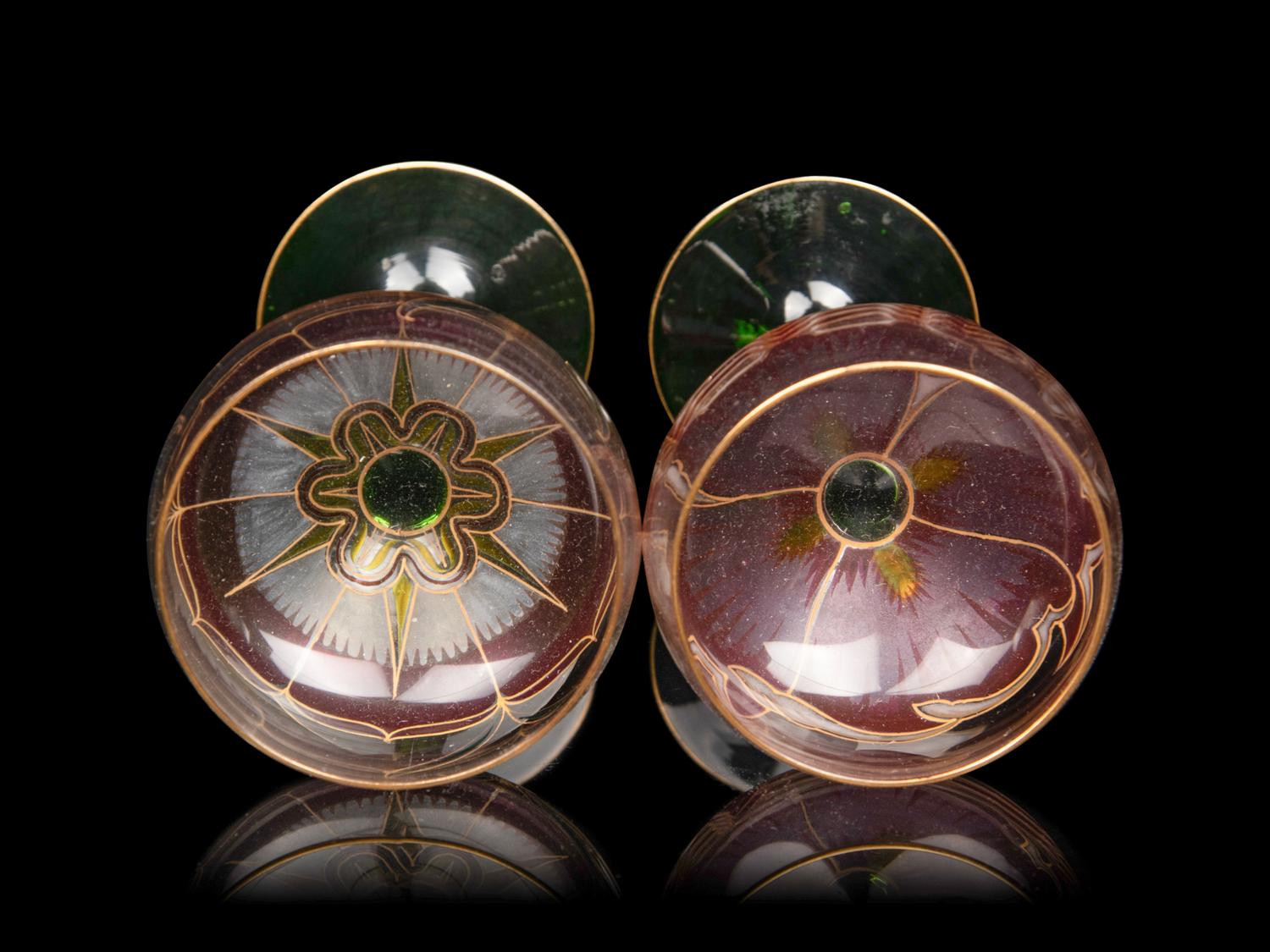 A Set of Four Enameled Glass Wine Hocks and Decanter