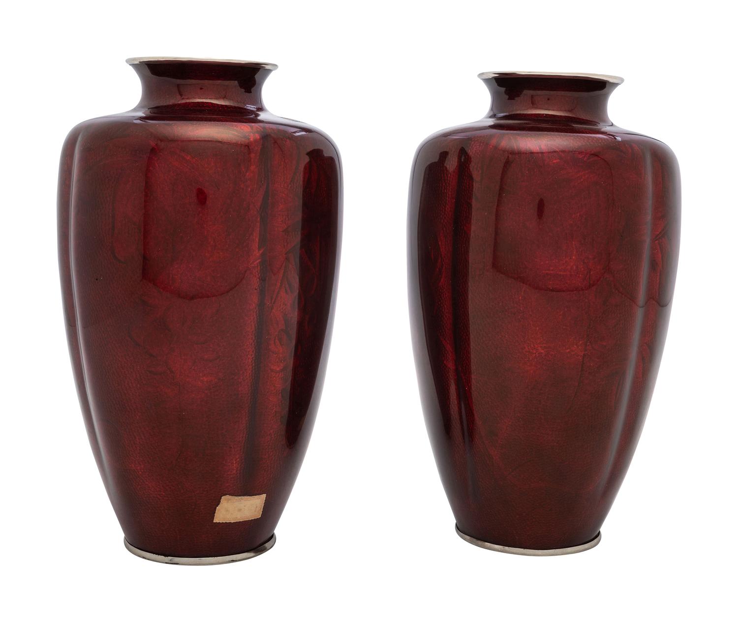A Pair of Pigeon Blood Cloisonné Vases