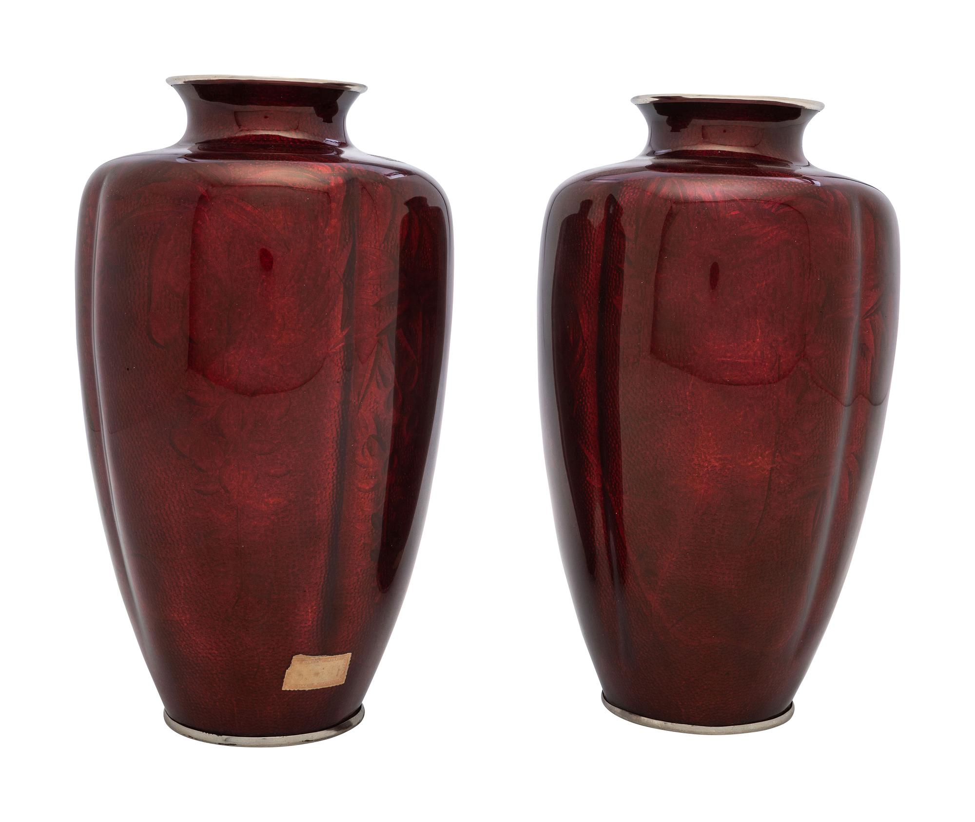 A Pair of Pigeon Blood Cloisonné Vases