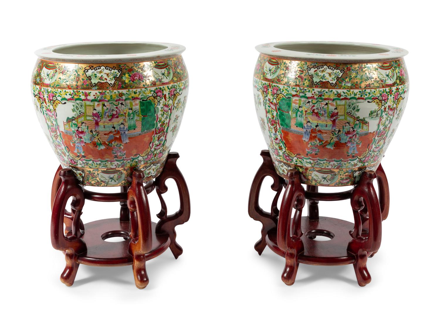 A Pair of Rose Medallion Porcelain Fish Bowls with Wood Stands
