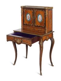 A Louis XV Style Gilt Metal and Sèvres Style Porcelain Mounted Parquetry Bonheur du Jour
