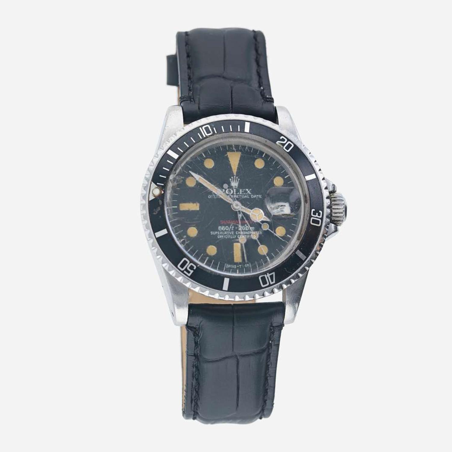 A stainless steel mens wristwatch, RED Rolex Submariner Ref. 1680 C.1974