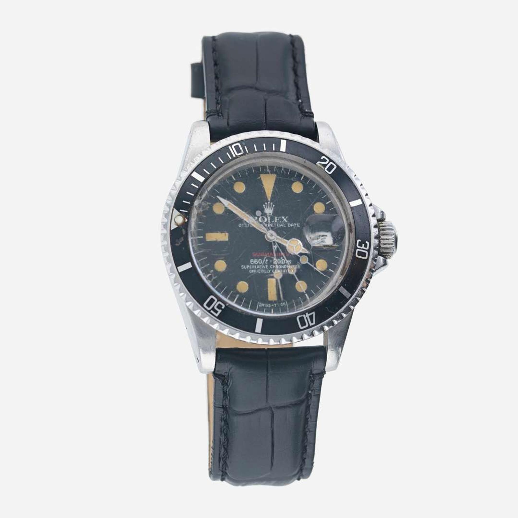 A stainless steel mens wristwatch, RED Rolex Submariner Ref. 1680 C.1974