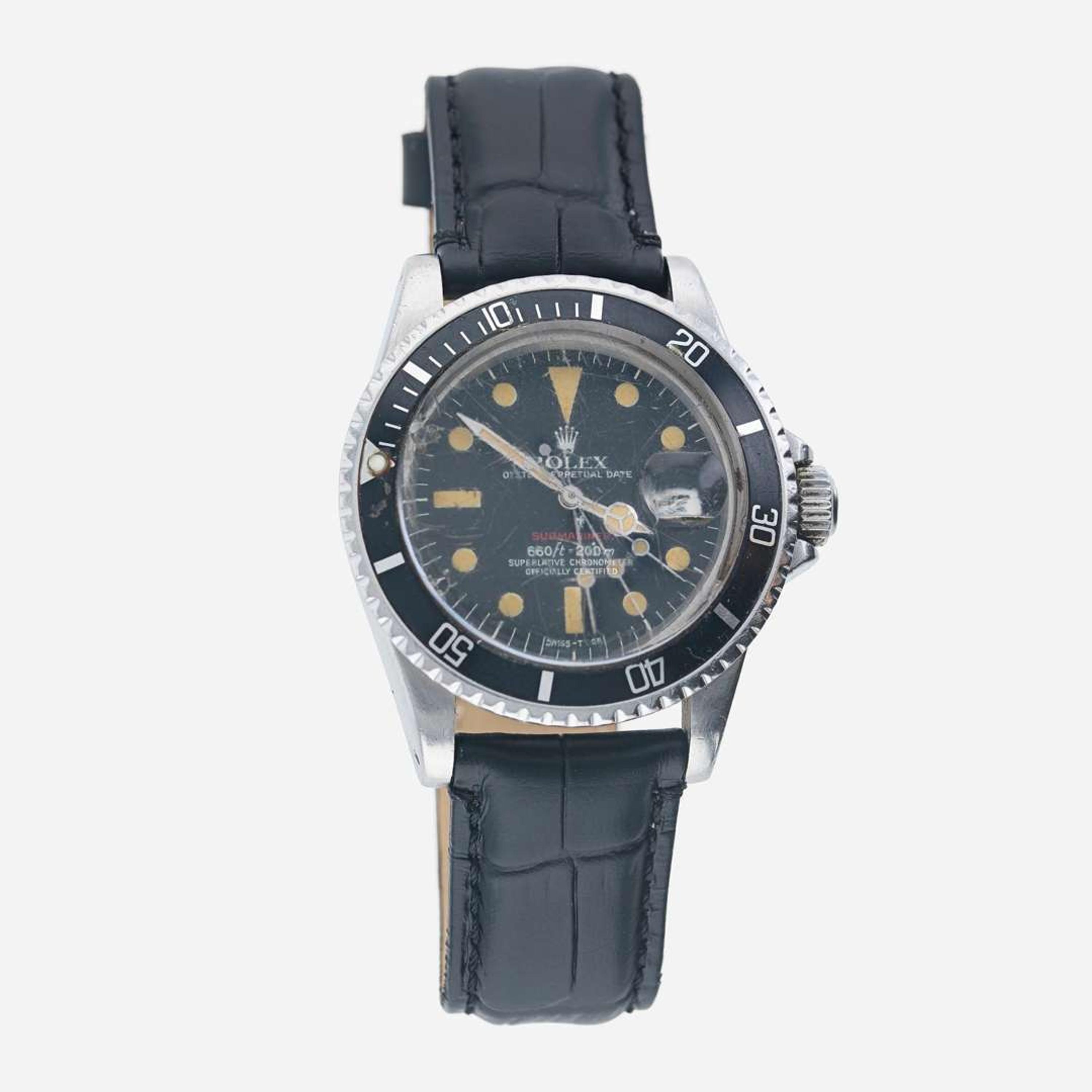 A stainless steel mens wristwatch, RED Rolex Submariner Ref. 1680 C.1974