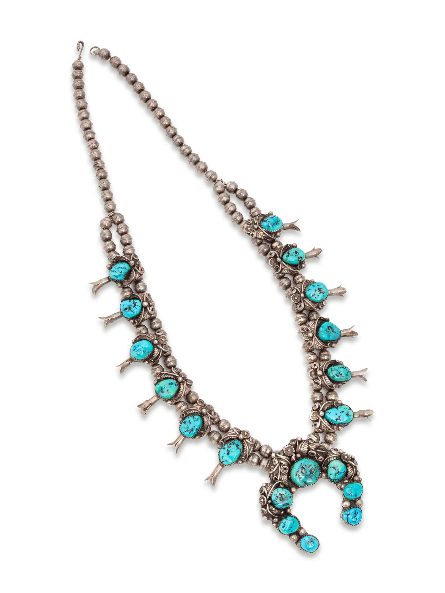 Silver and Turquoise Squash Blossom Necklace and Earring Set, PLUS