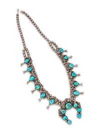 Silver and Turquoise Squash Blossom Necklace and Earring Set, PLUS