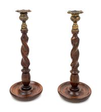 A Pair of English Brass Mounted Turned Oak Candlesticks
