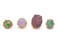 A Collection of 14 Karat Yellow Gold and Carved Hardstone Rings,