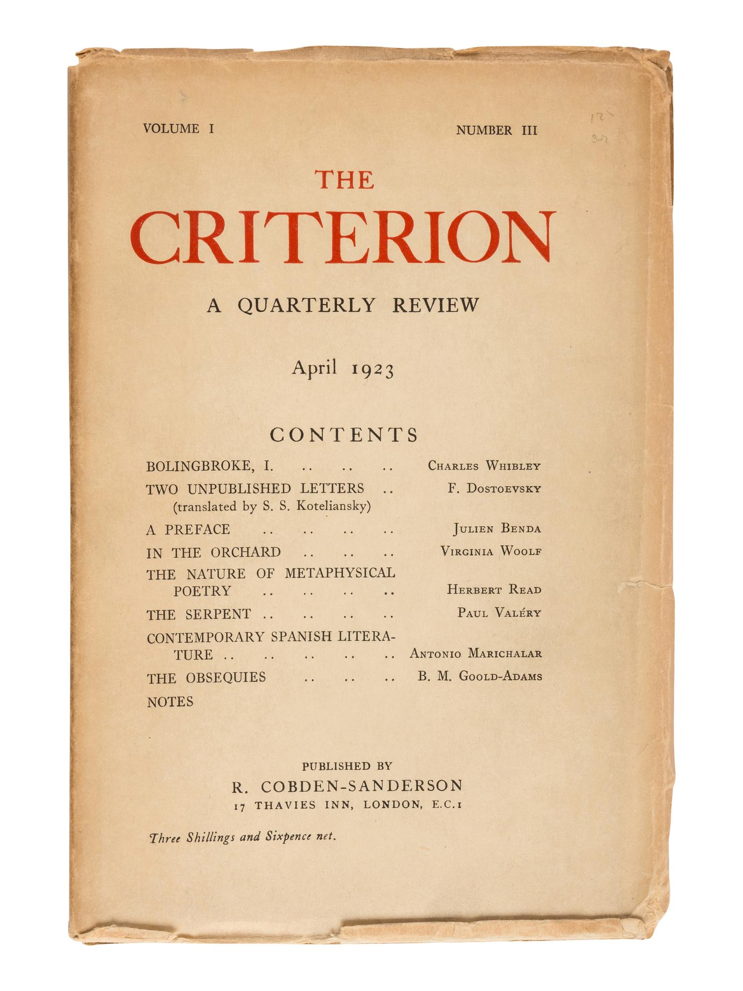 ELIOT, T.S., editor. The Criterion . London: R. Cobden Sanderson, Faber & Gwyer et al. October 1922-January 1939.