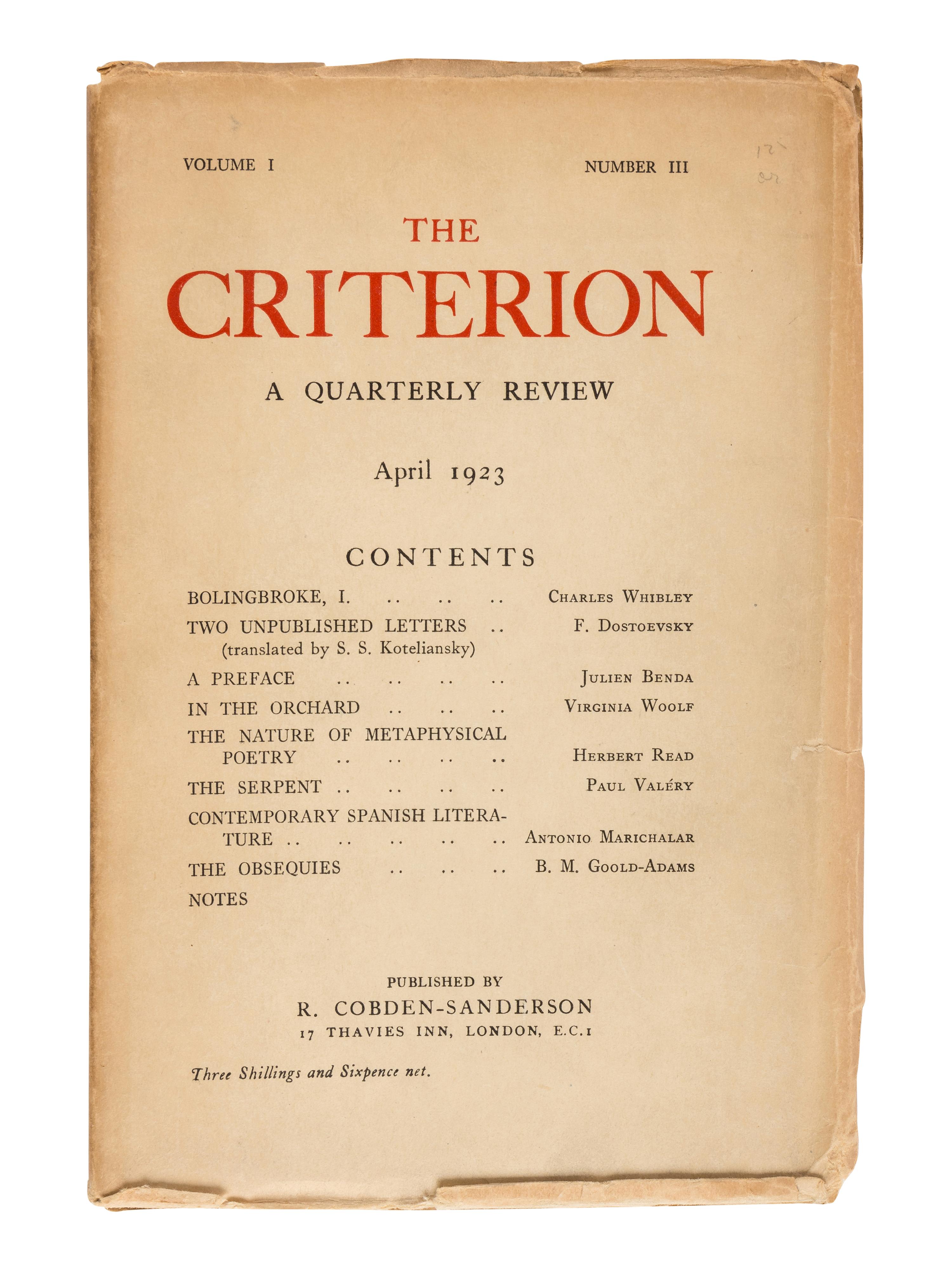 ELIOT, T.S., editor. The Criterion . London: R. Cobden Sanderson, Faber & Gwyer et al. October 1922-January 1939.