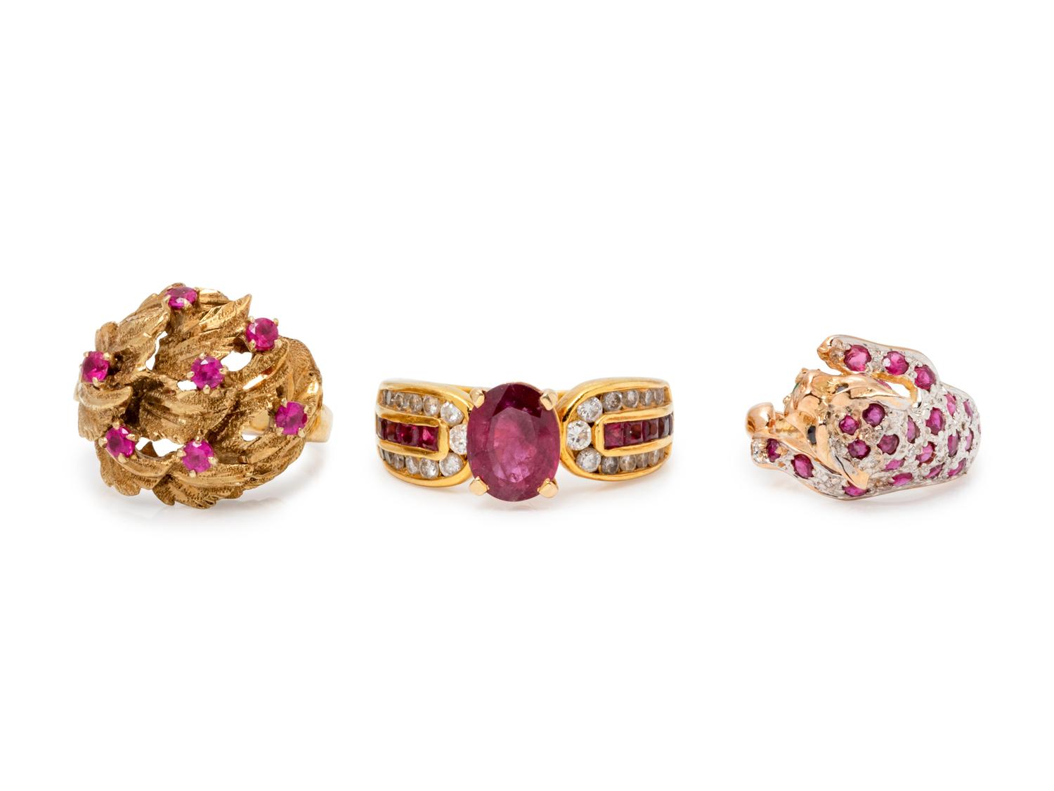 A Collection of Yellow Gold and Ruby Rings,