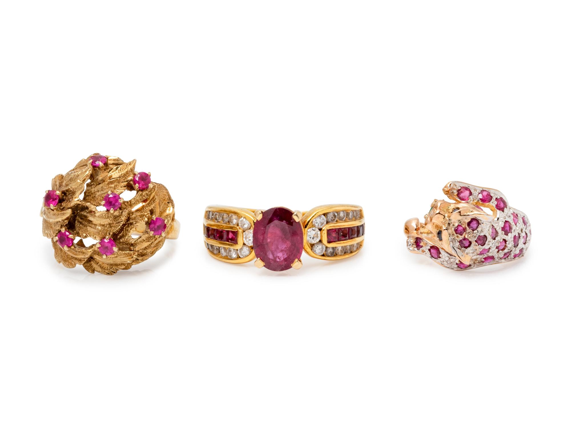 A Collection of Yellow Gold and Ruby Rings,