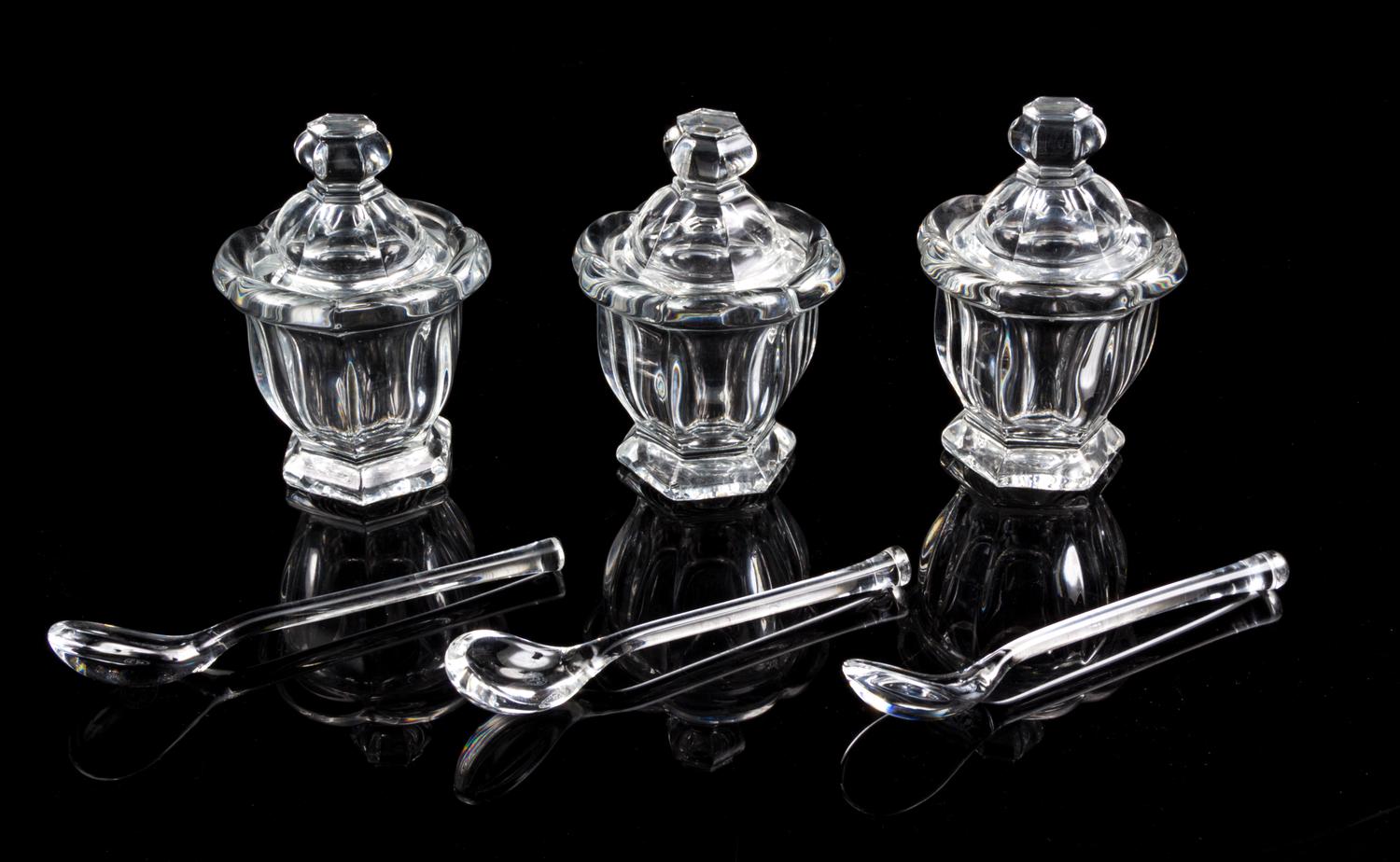 A Set of Three Baccarat Jelly Jars Height 4 1/2 inches.