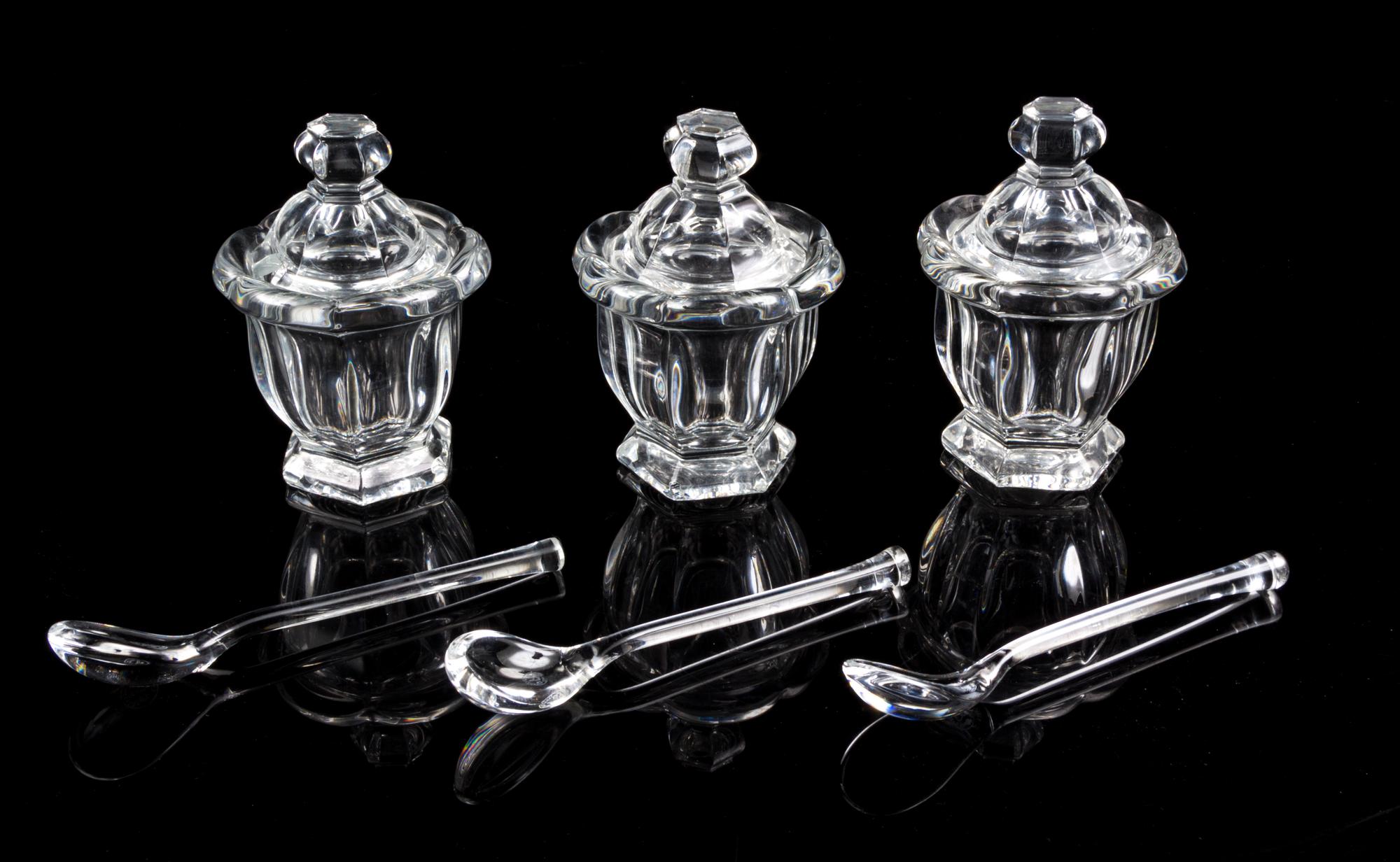 A Set of Three Baccarat Jelly Jars Height 4 1/2 inches.