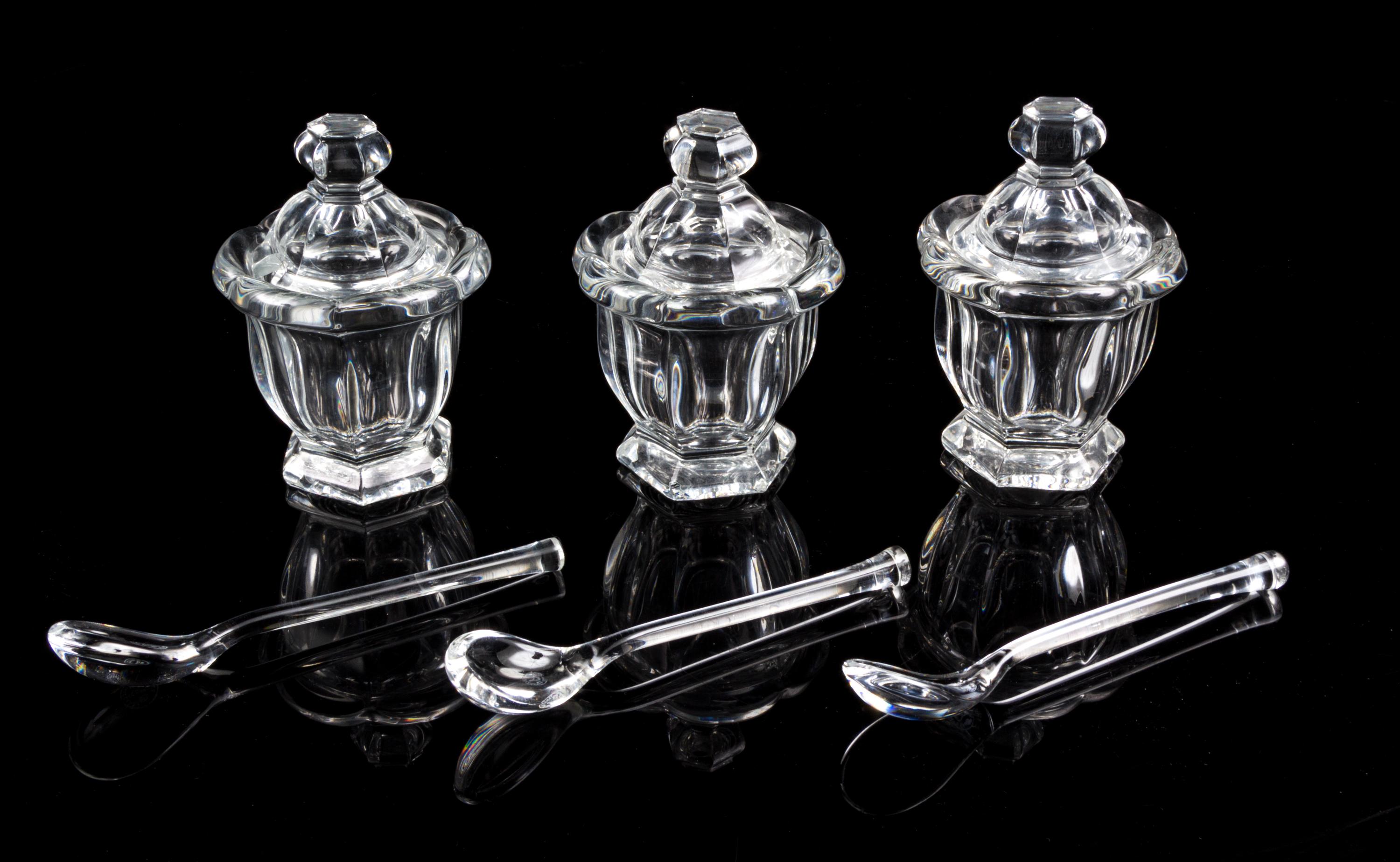 A Set of Three Baccarat Jelly Jars Height 4 1/2 inches.