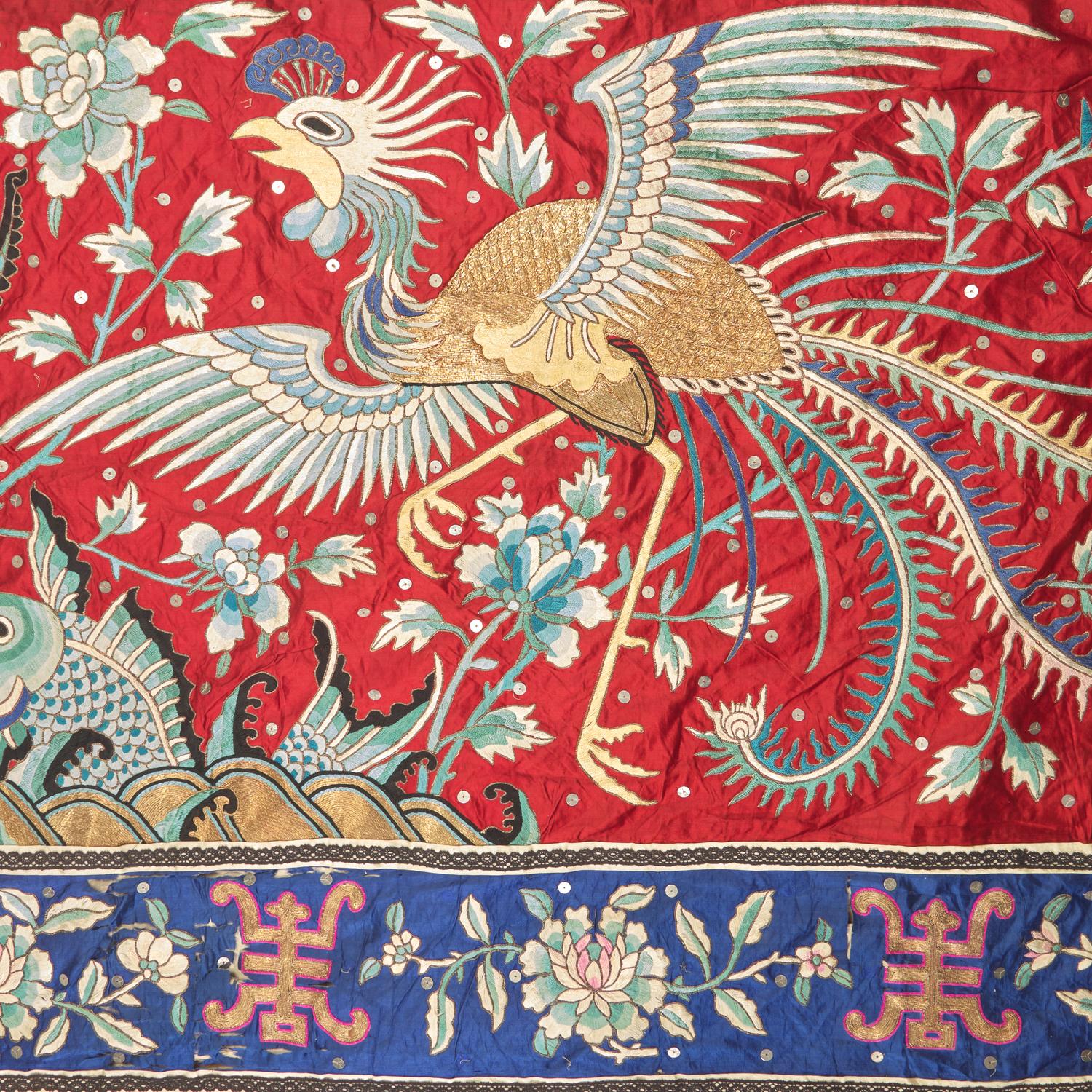 A Massive Chinese Red Ground Embroidered Silk Wall Panel, Early 20th Century 晚清/民國 紅地繡太平有象大掛帳
