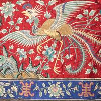A Massive Chinese Red Ground Embroidered Silk Wall Panel, Early 20th Century 晚清/民國 紅地繡太平有象大掛帳