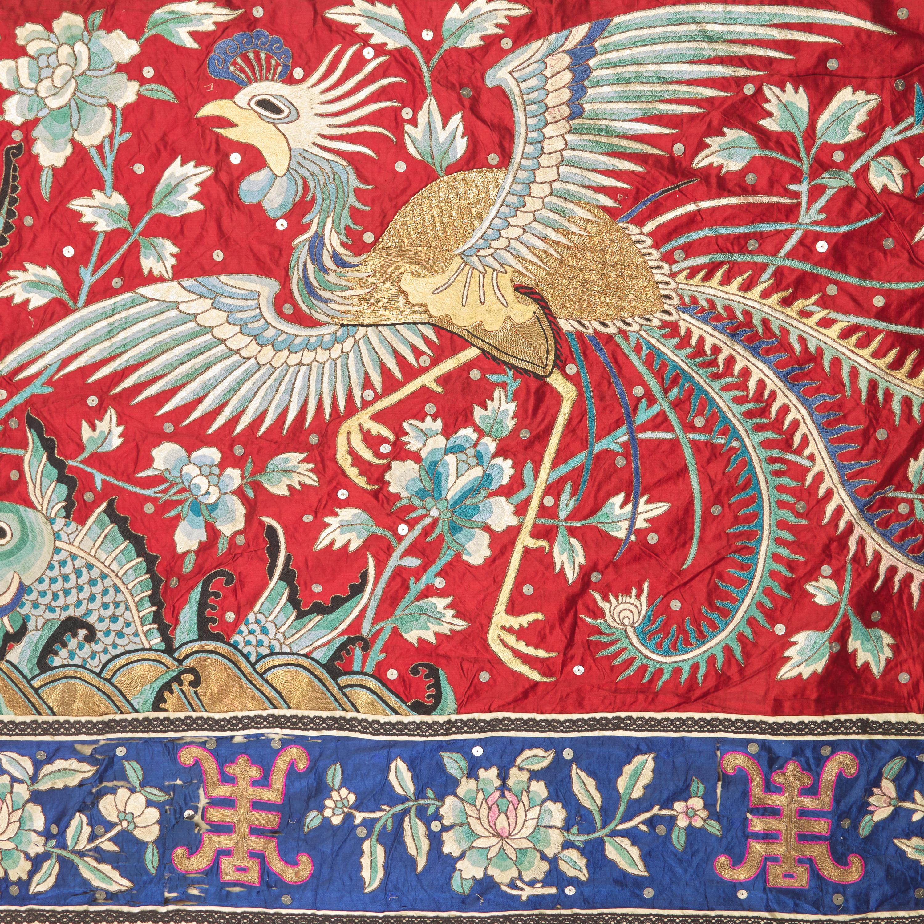 A Massive Chinese Red Ground Embroidered Silk Wall Panel, Early 20th Century 晚清/民國 紅地繡太平有象大掛帳