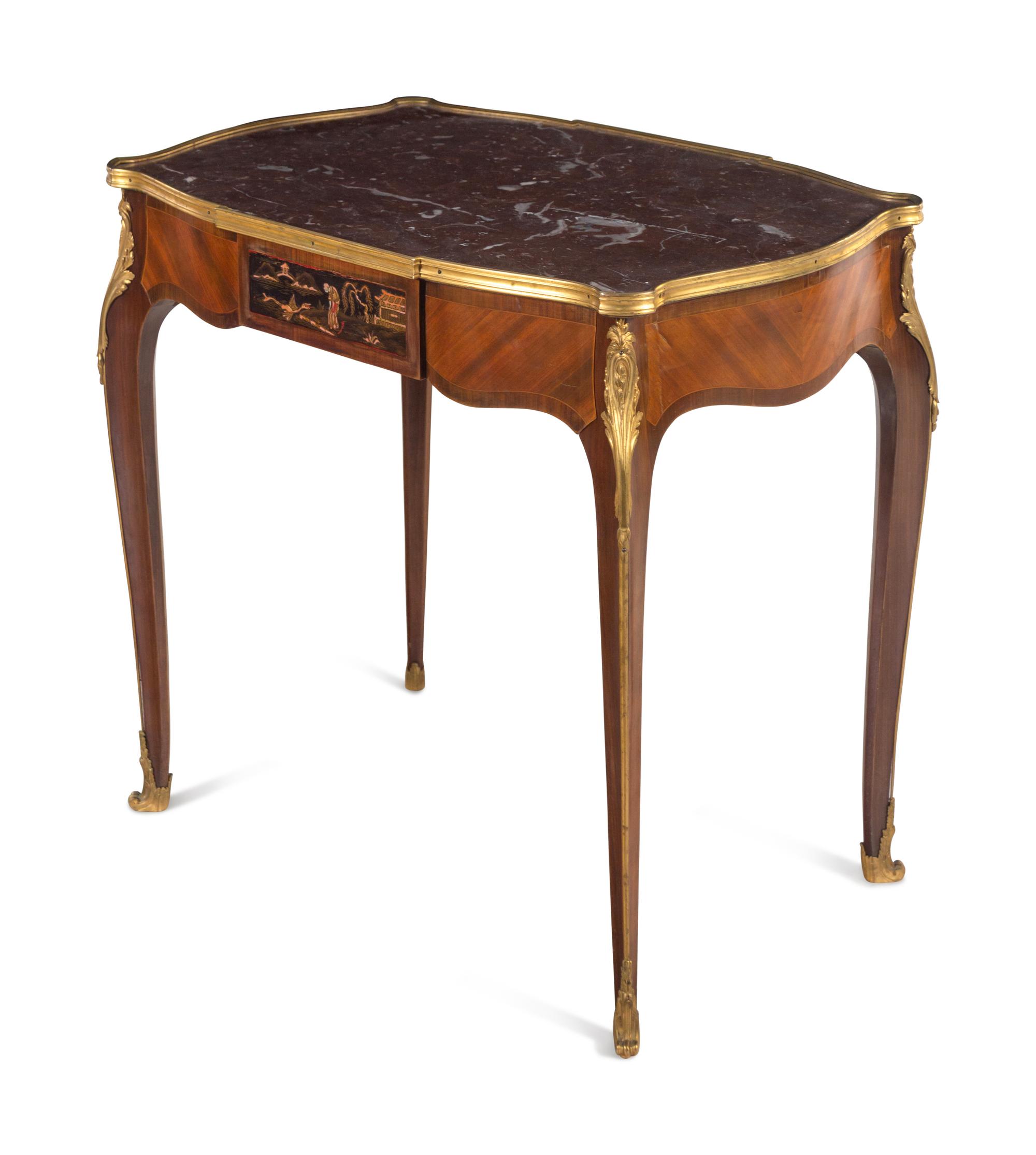 A Louis XV Style Gilt Bronze Mounted Kingwood Marble-Top Table