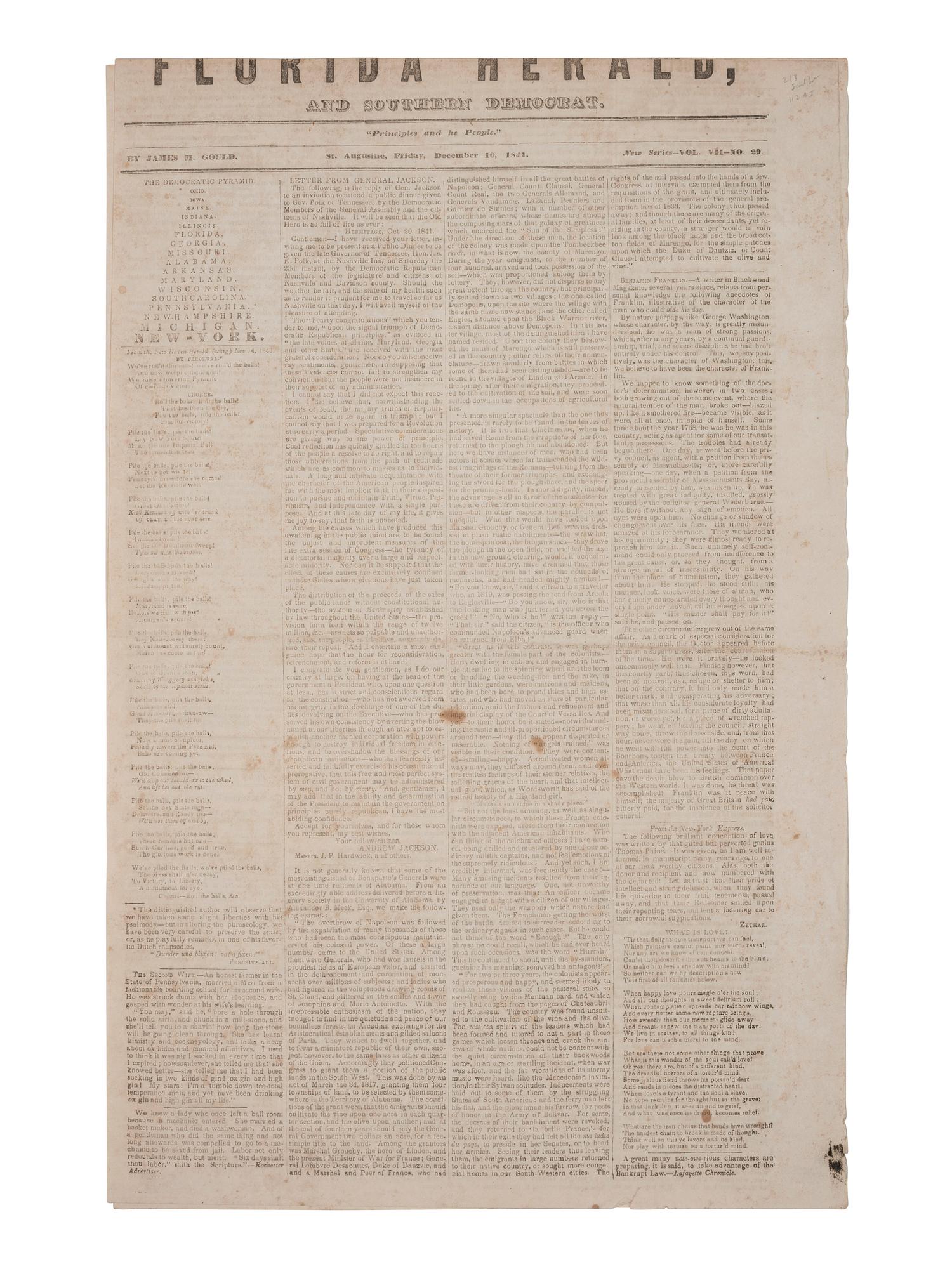 [SECOND SEMINOLE INDIAN WAR]. Florida Herald . Vol. VII, No. 29. St. Augustine, Florida Territory: James M. Gould, 10 December 1841.