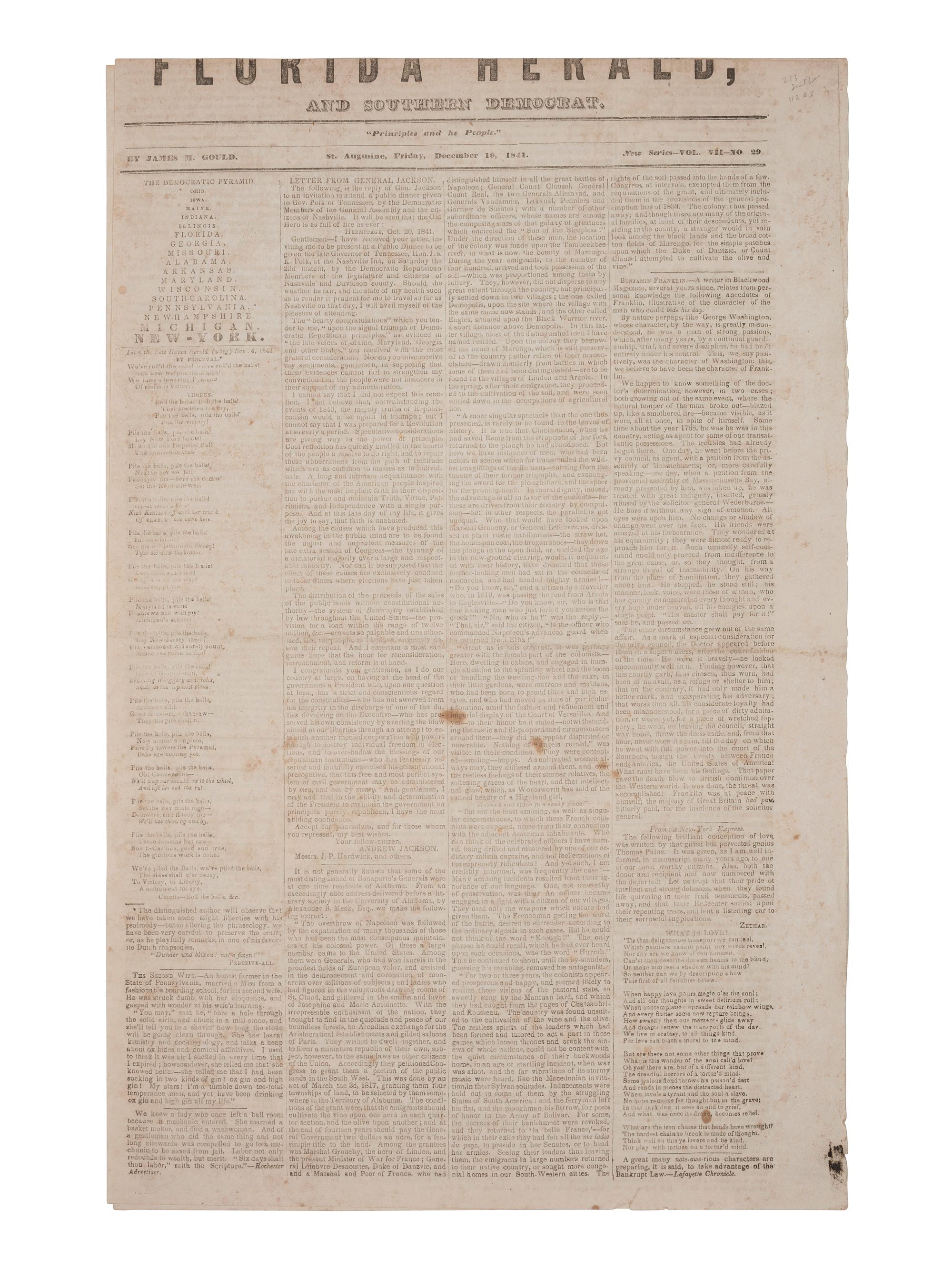 [SECOND SEMINOLE INDIAN WAR]. Florida Herald . Vol. VII, No. 29. St. Augustine, Florida Territory: James M. Gould, 10 December 1841.