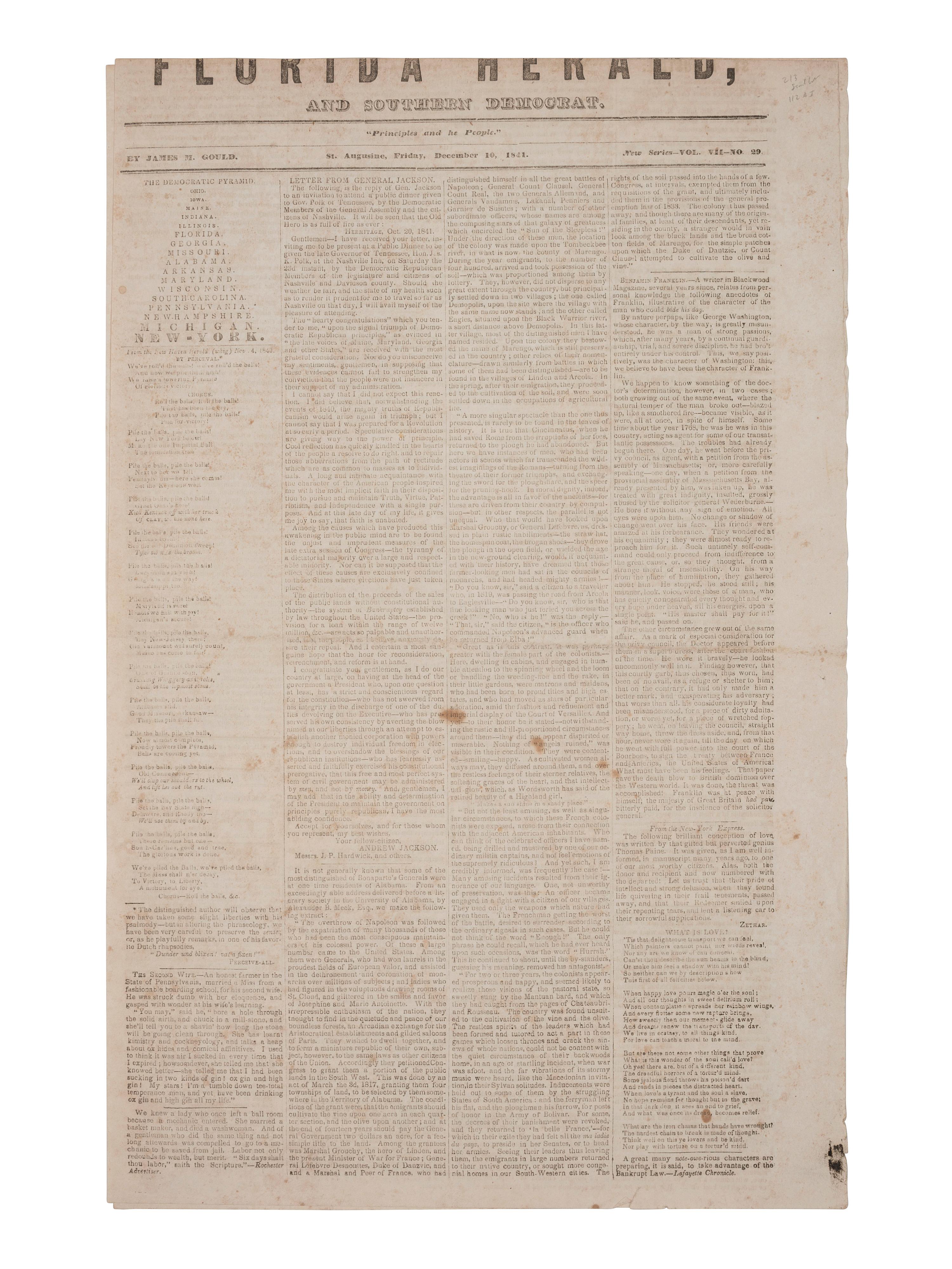 [SECOND SEMINOLE INDIAN WAR]. Florida Herald . Vol. VII, No. 29. St. Augustine, Florida Territory: James M. Gould, 10 December 1841.