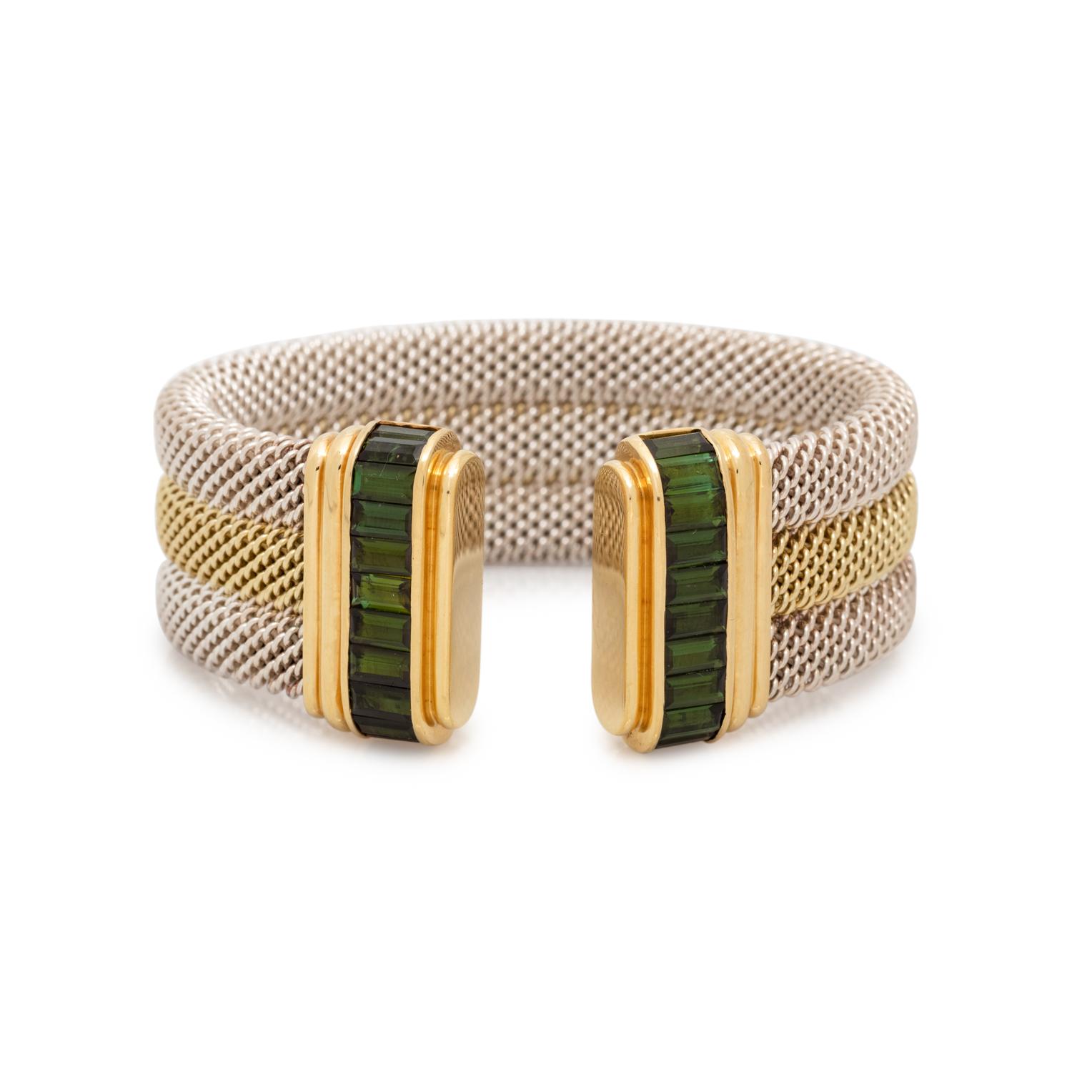 YELLOW GOLD, STERLING SILVER AND GREEN TOURMALINE CUFF BRACELET