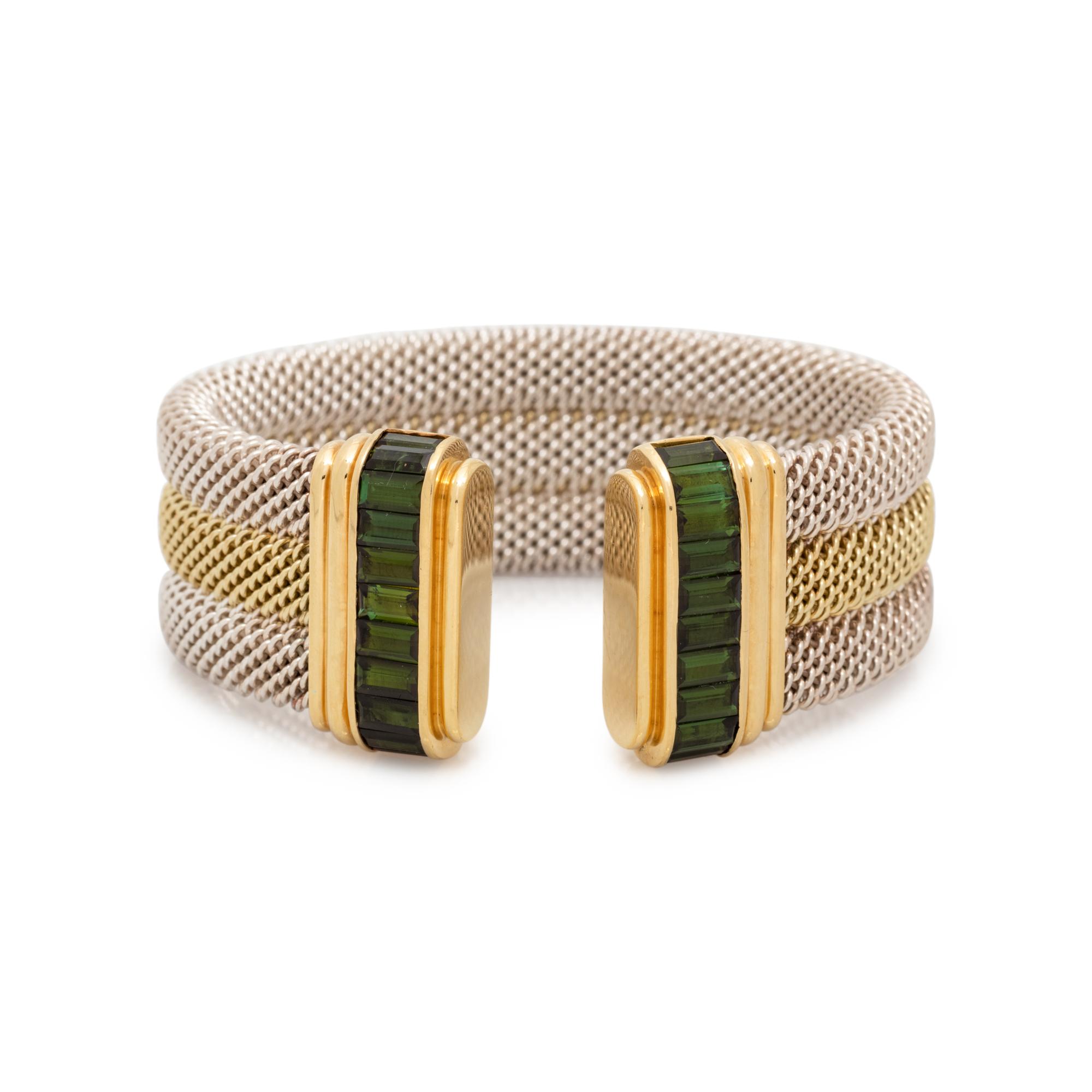 YELLOW GOLD, STERLING SILVER AND GREEN TOURMALINE CUFF BRACELET