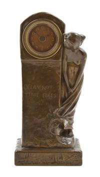 An Art Nouveau Bronze Figural Table Clock, Borsdorf, Height 9 3/4 inches.