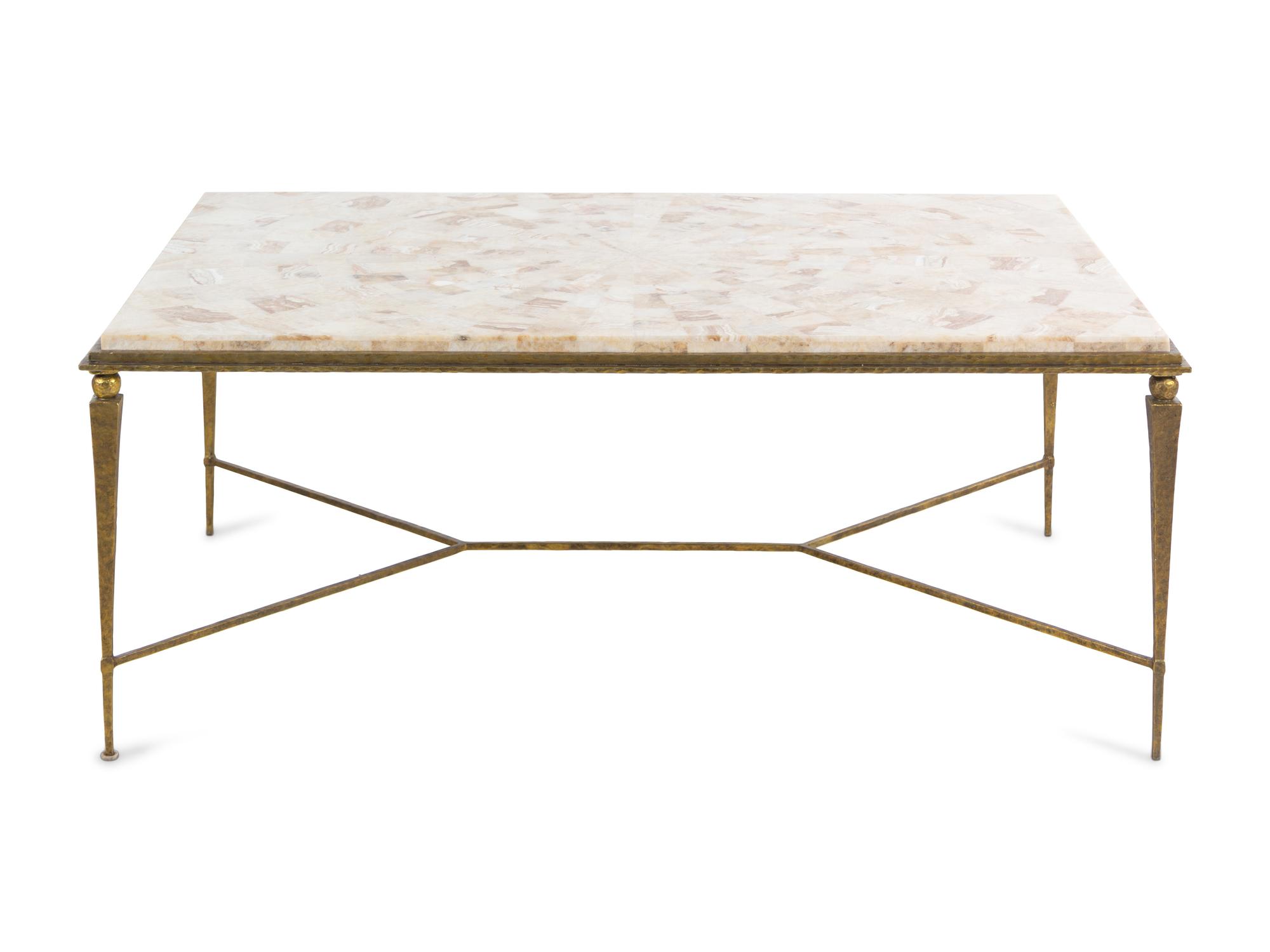 An Oly Studio Gilt Metal and Onyx Mosaic-Veneered Cocktail Table