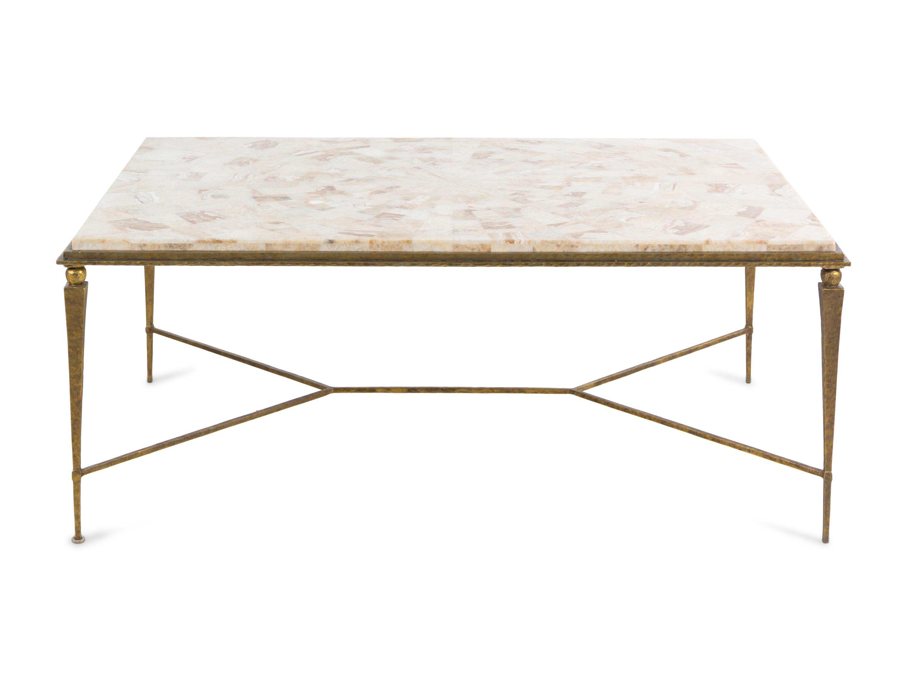 An Oly Studio Gilt Metal and Onyx Mosaic-Veneered Cocktail Table