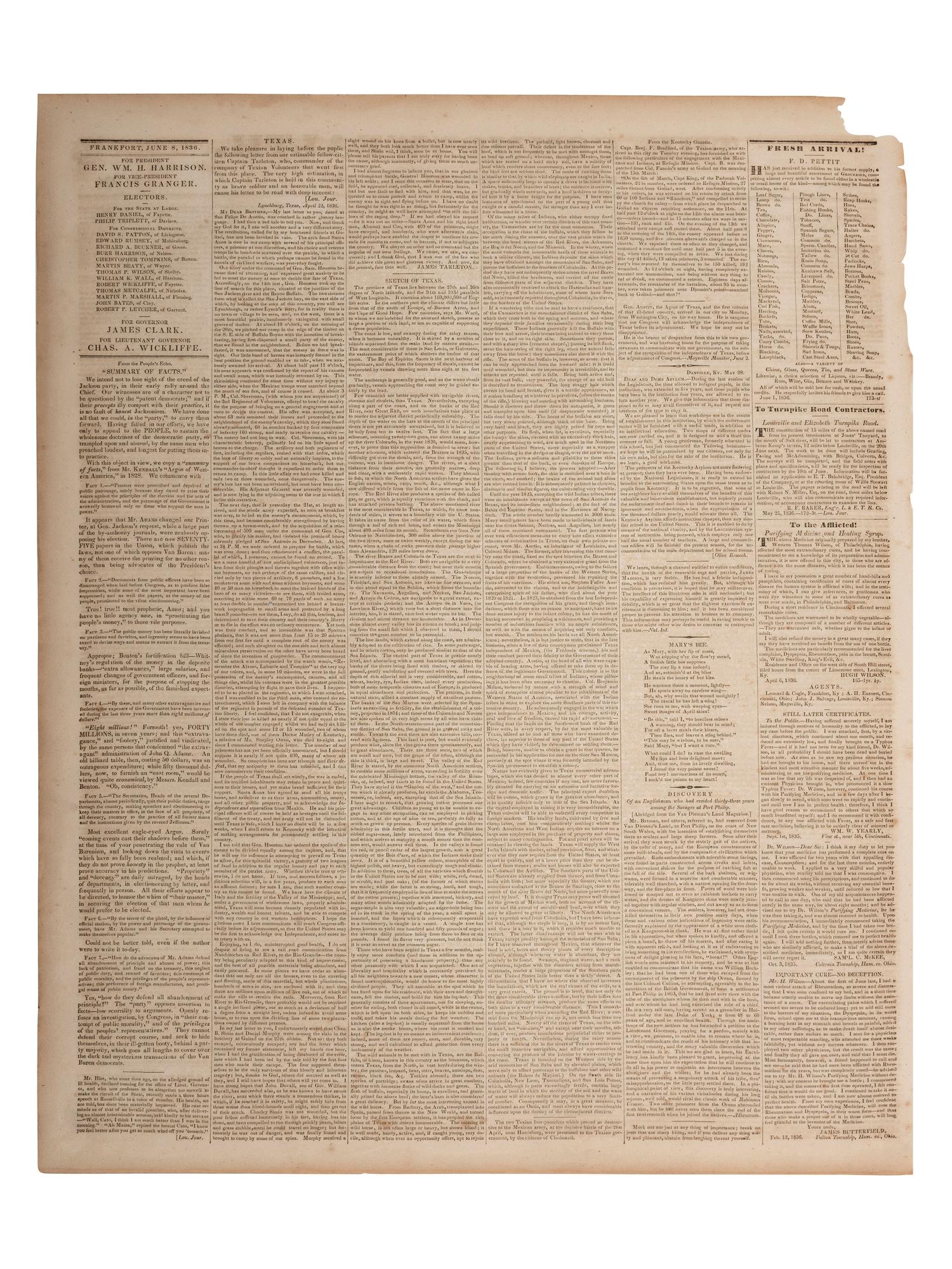 [TEXAS INDEPENDENCE]. The Frankfort Commonwealth . Vol. 4, No. 174. Frankfort, KY: Brown & Hodges, 8 June 1836. Report on the Battle of San Jacinto.