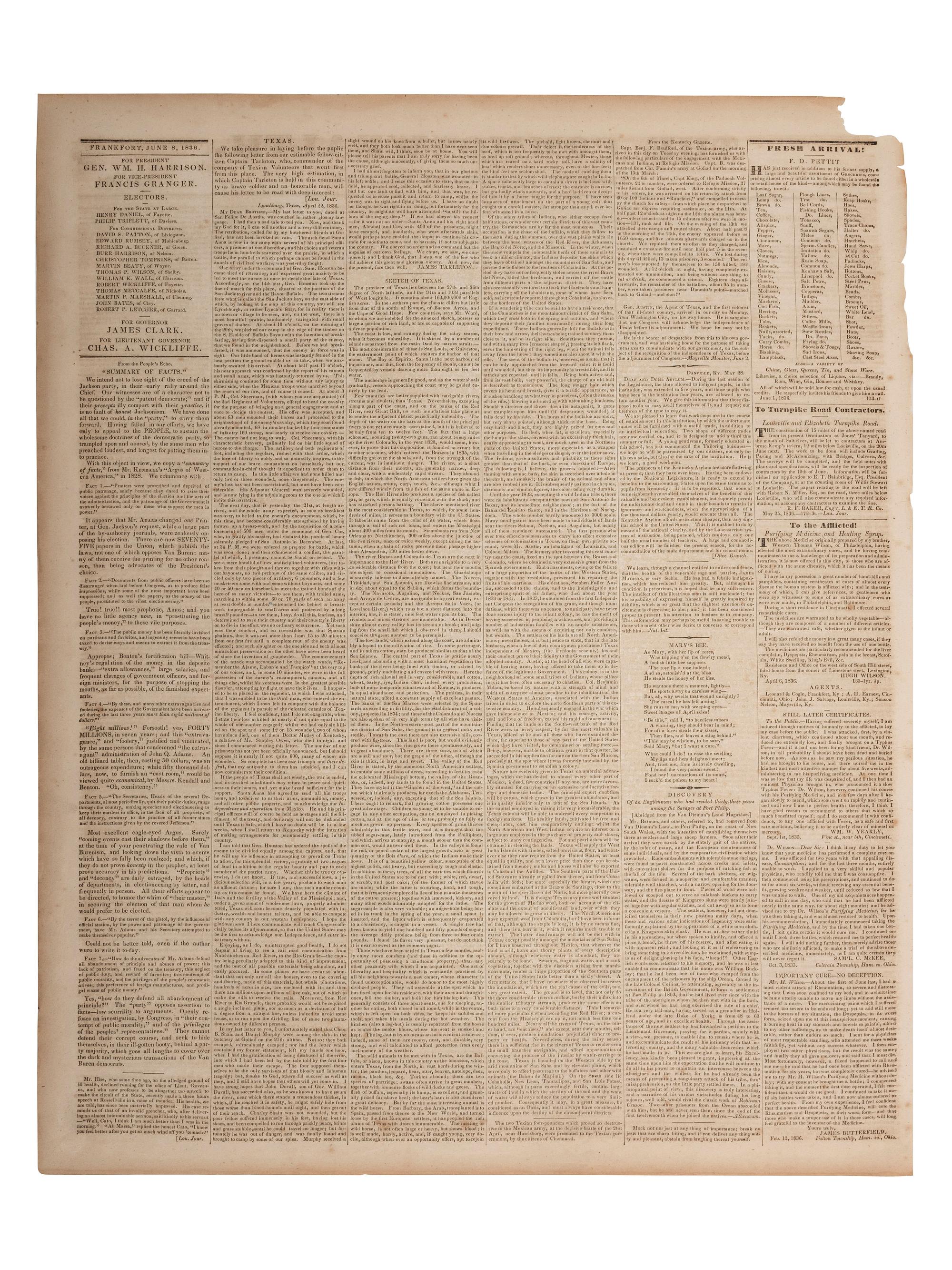 [TEXAS INDEPENDENCE]. The Frankfort Commonwealth . Vol. 4, No. 174. Frankfort, KY: Brown & Hodges, 8 June 1836. Report on the Battle of San Jacinto.