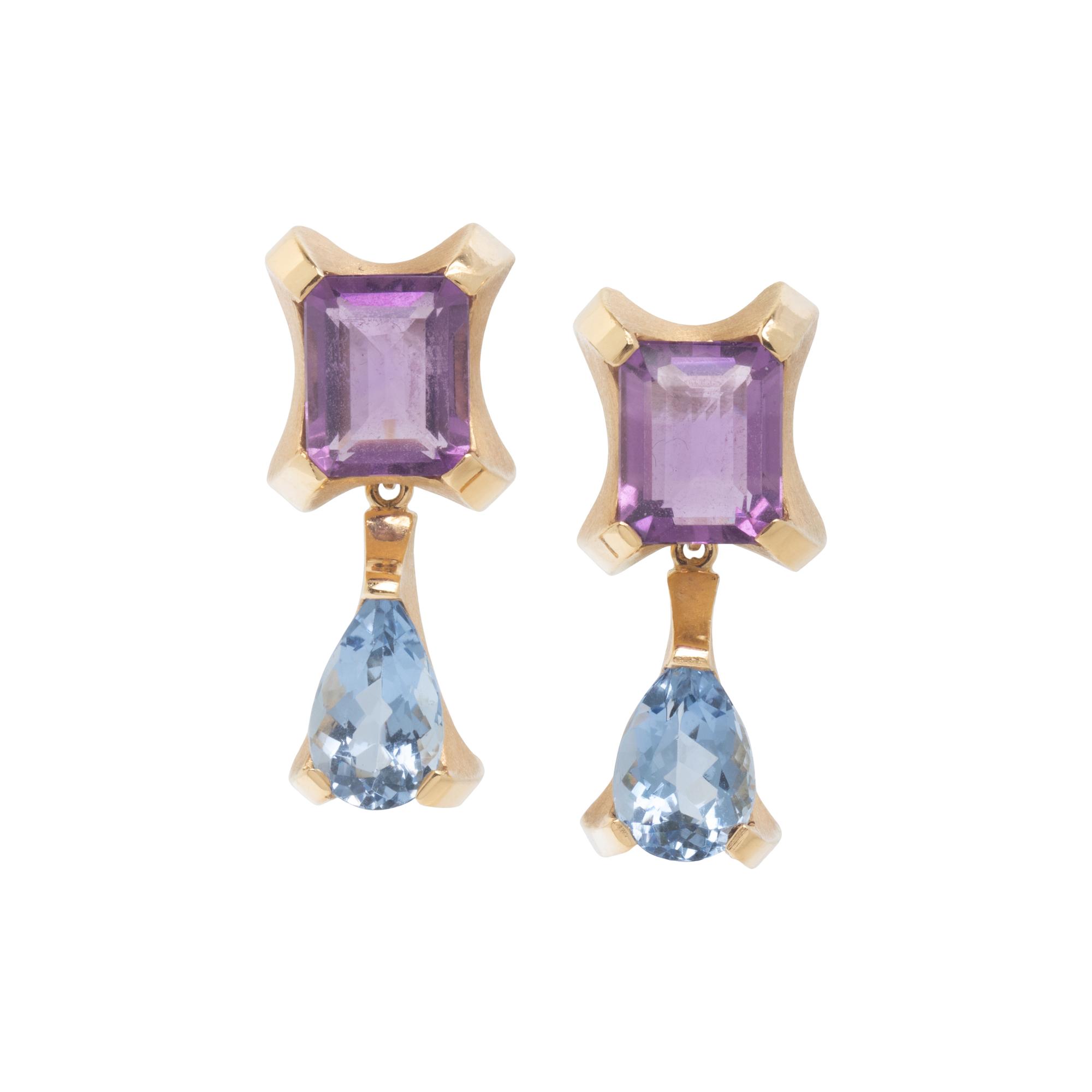 YELLOW GOLD, AMETHYST, AND AQUAMARINE CONVERTIBLE EARRINGS