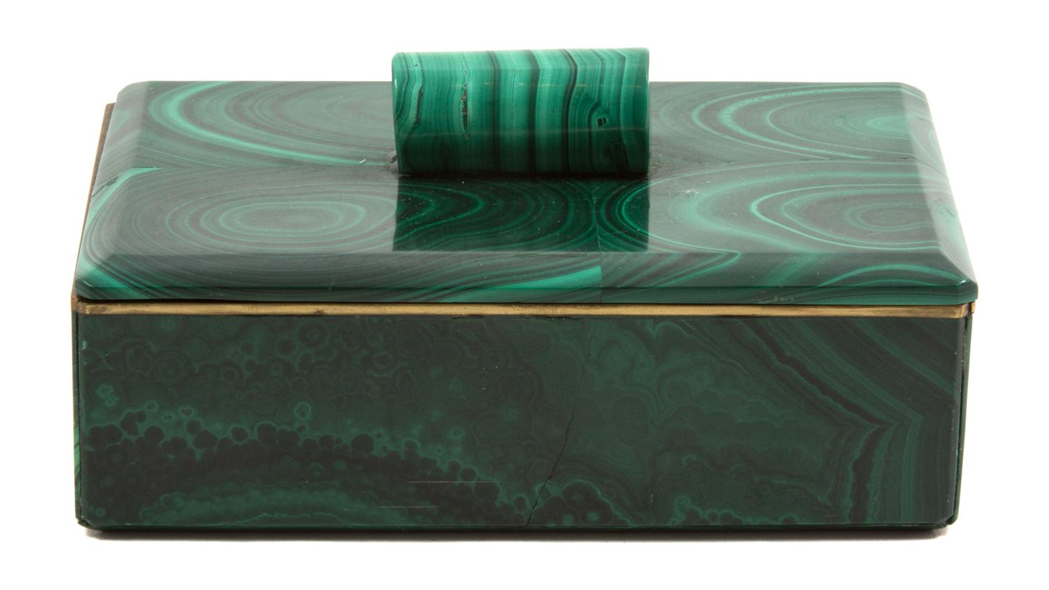 A Malachite Covered Box Height 2 1/2 x width 5 1/4 x depth 3 5/8 inches. — 20TH CENTURY