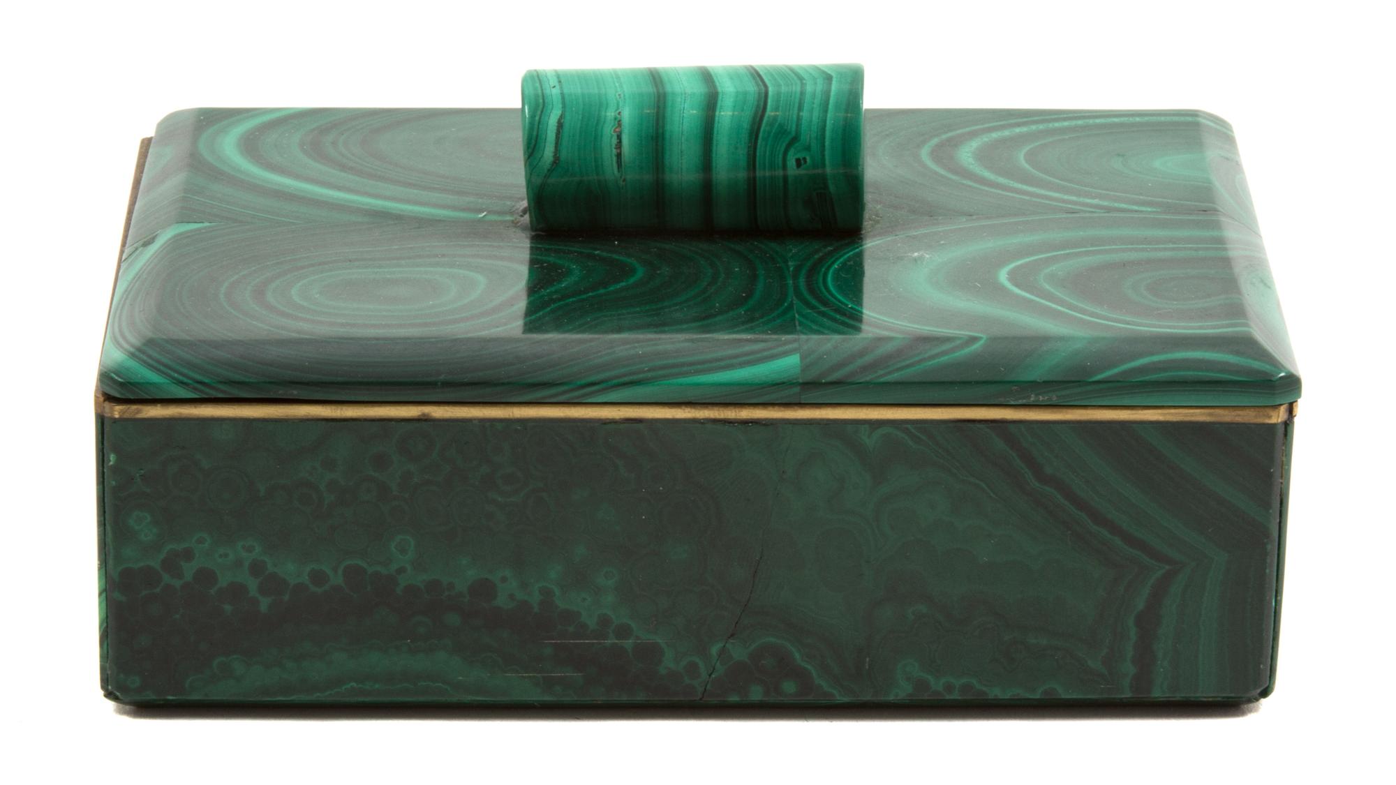 A Malachite Covered Box Height 2 1/2 x width 5 1/4 x depth 3 5/8 inches. — 20TH CENTURY
