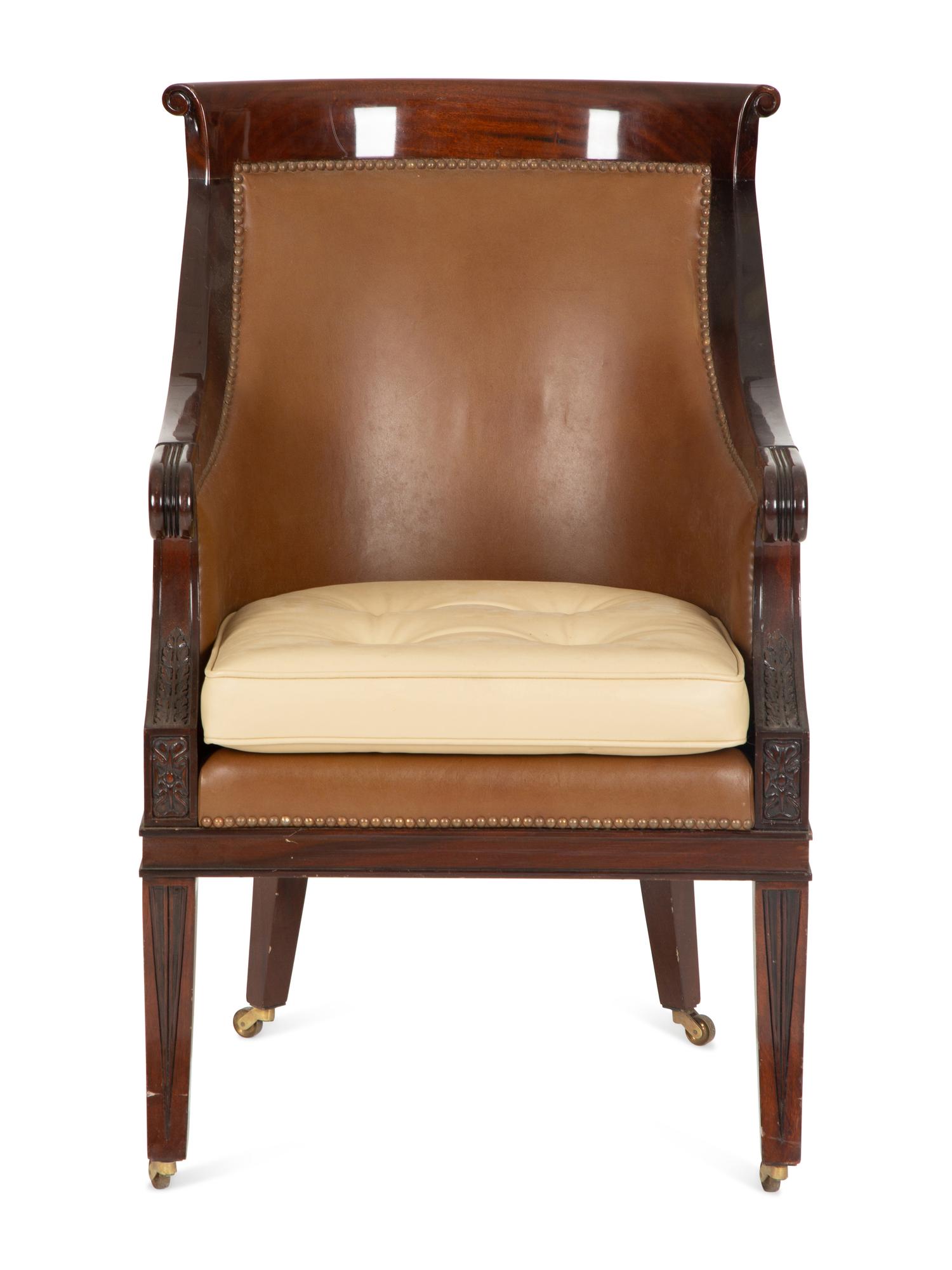 A Regency Style Mahogany Brown Leather Upholstered Library Chair