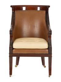 A Regency Style Mahogany Brown Leather Upholstered Library Chair