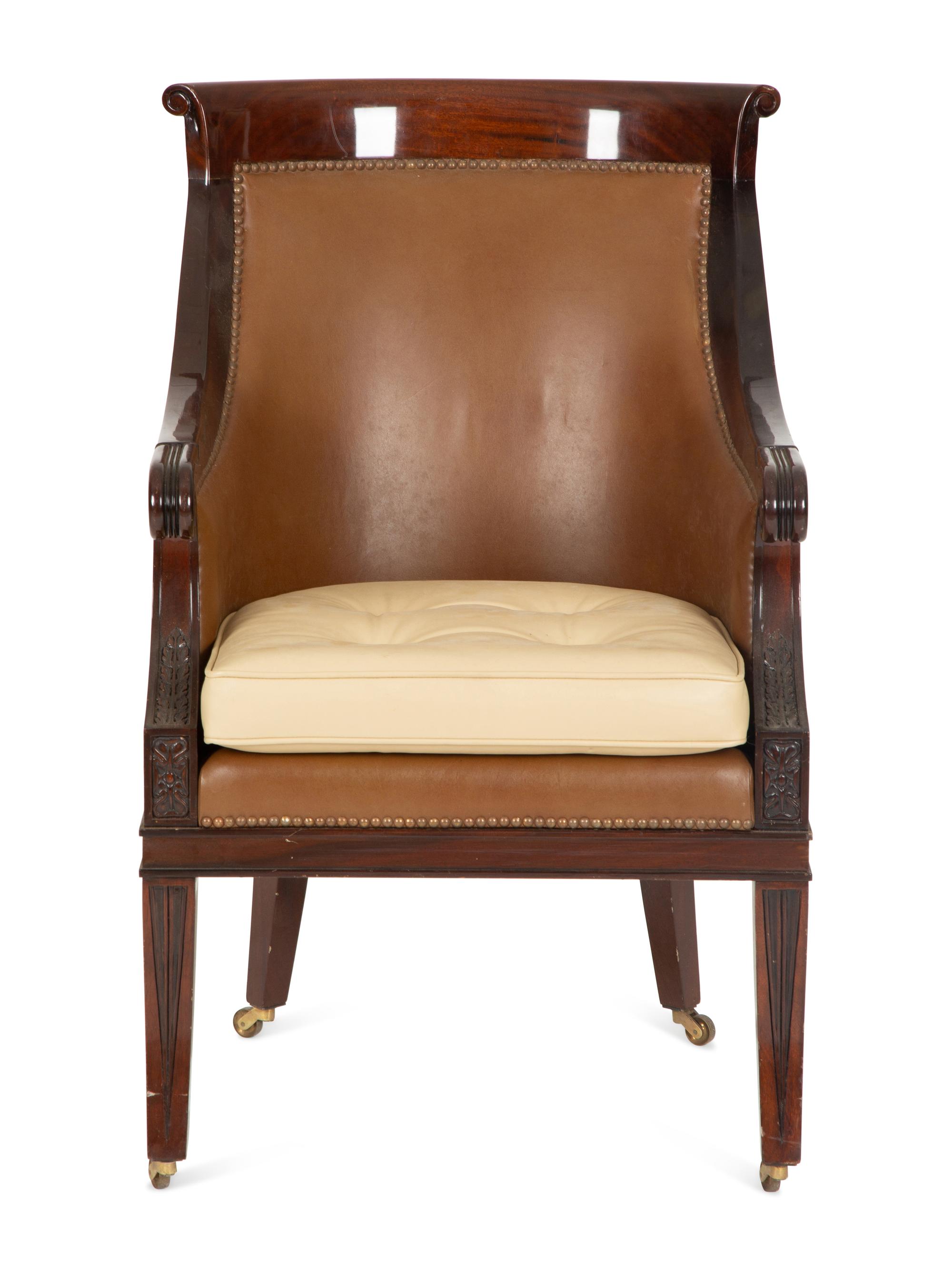 A Regency Style Mahogany Brown Leather Upholstered Library Chair