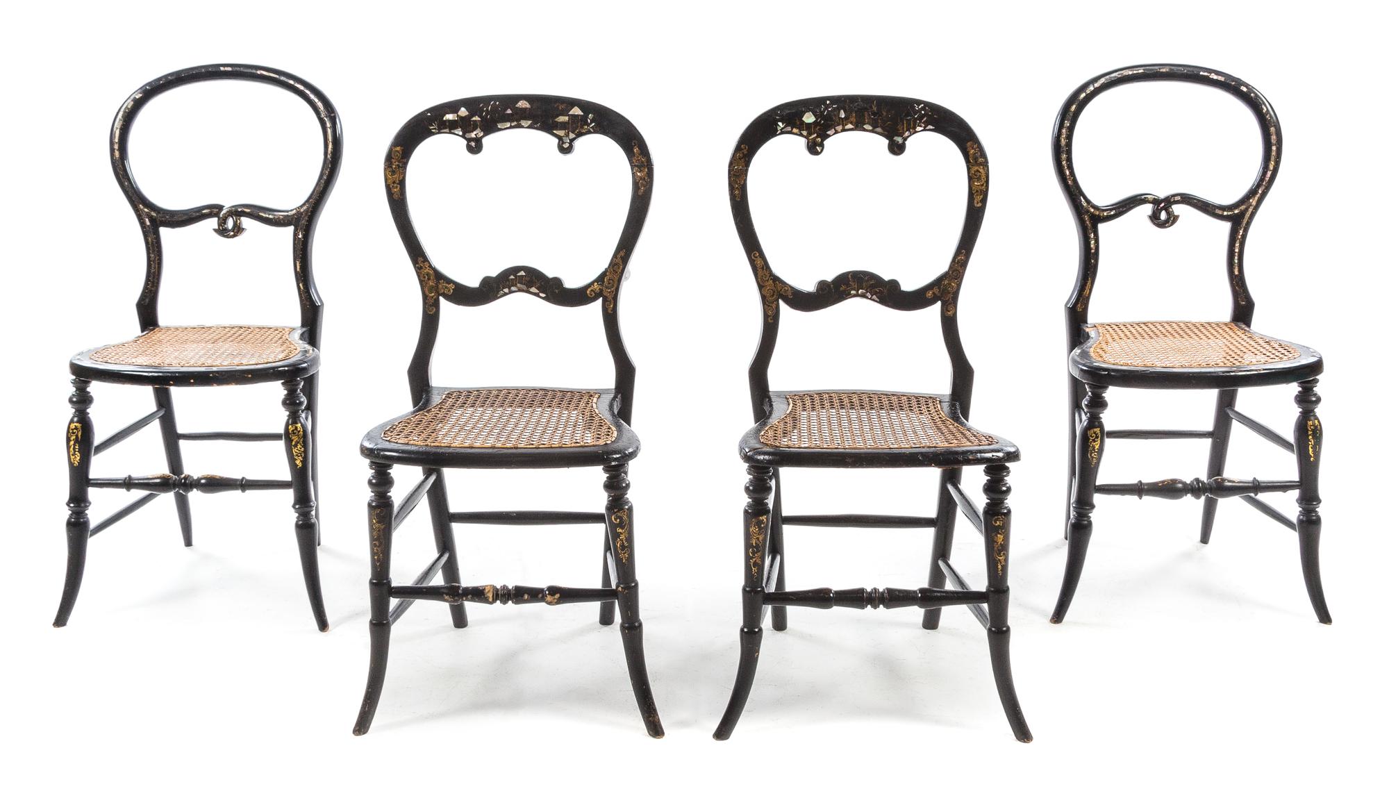 A Set of Four Victorian Mother-of-Pearl Inlaid Chairs Height 33 inches. — LATE 19TH CENTURY