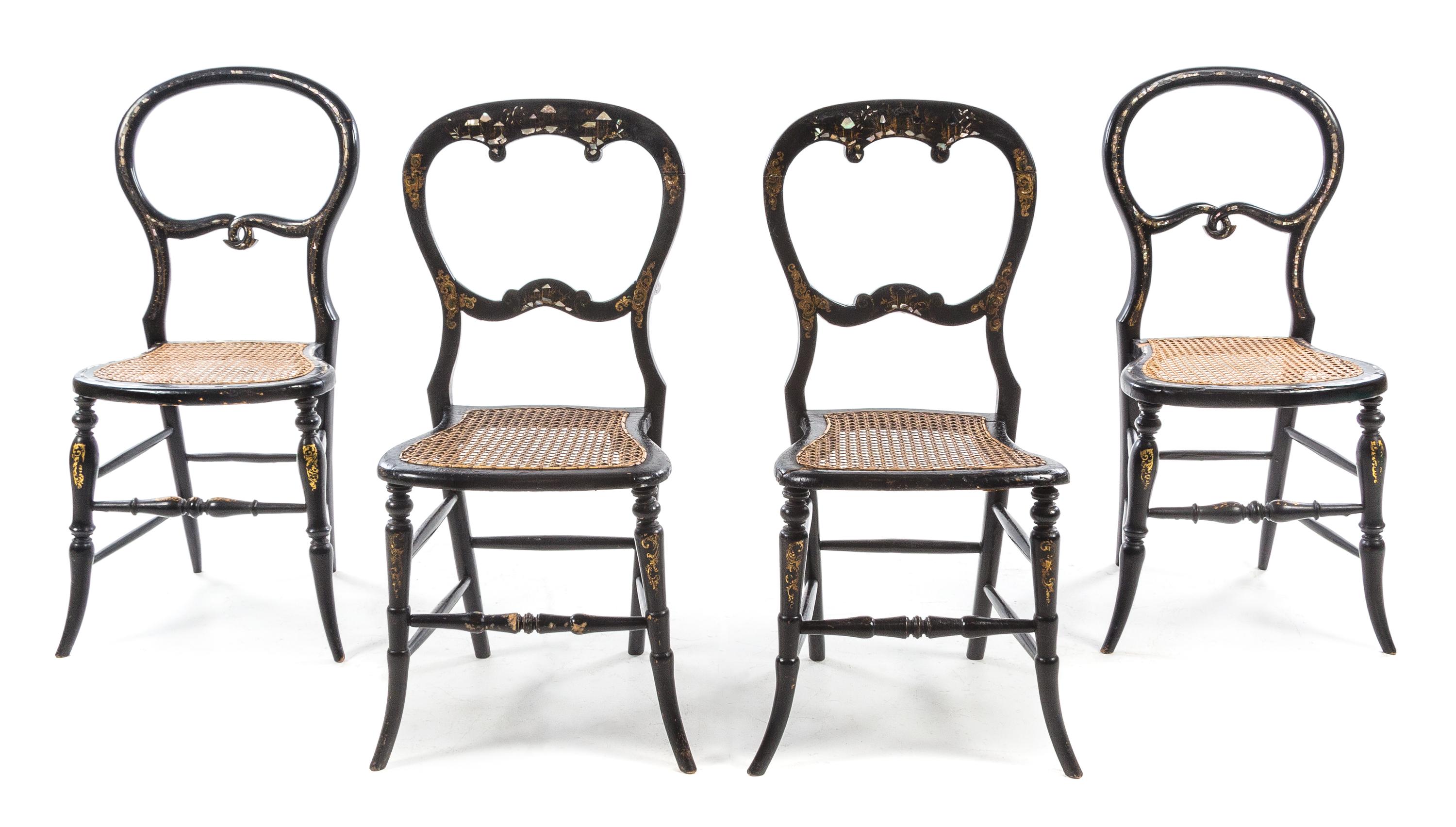 A Set of Four Victorian Mother-of-Pearl Inlaid Chairs Height 33 inches. — LATE 19TH CENTURY
