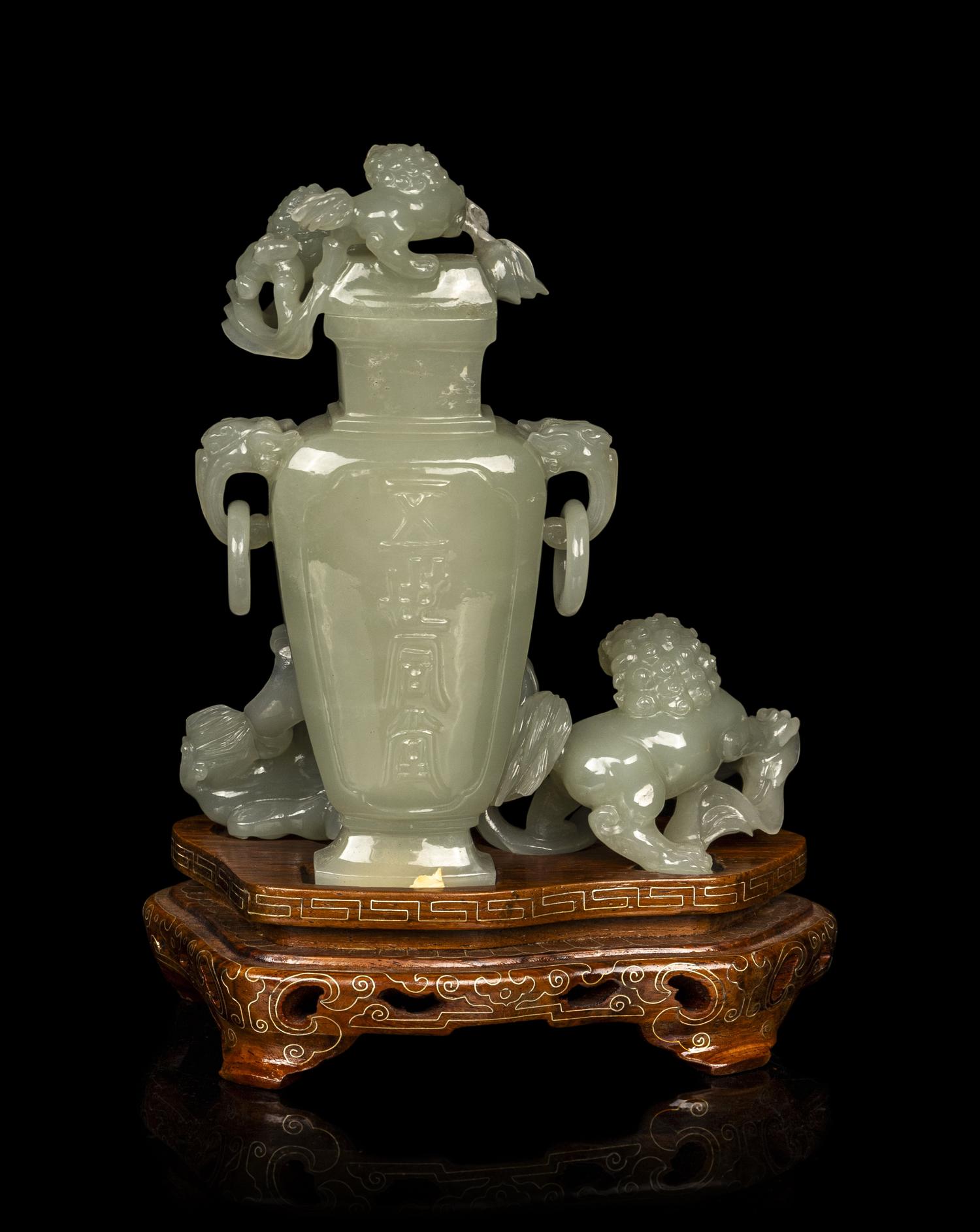 A Chinese Pale Celadon Jade Vase and Cover