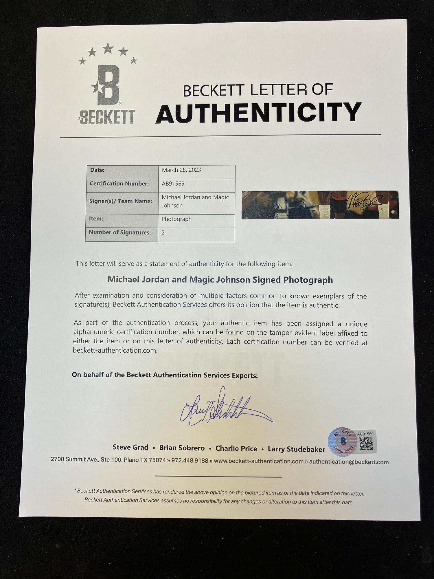 A Michael Jordan and Magic Johnson Signed Autograph Oversized Limited Edition Photograph (Beckett Authentication Services Letter, Upper Deck Hologram),
