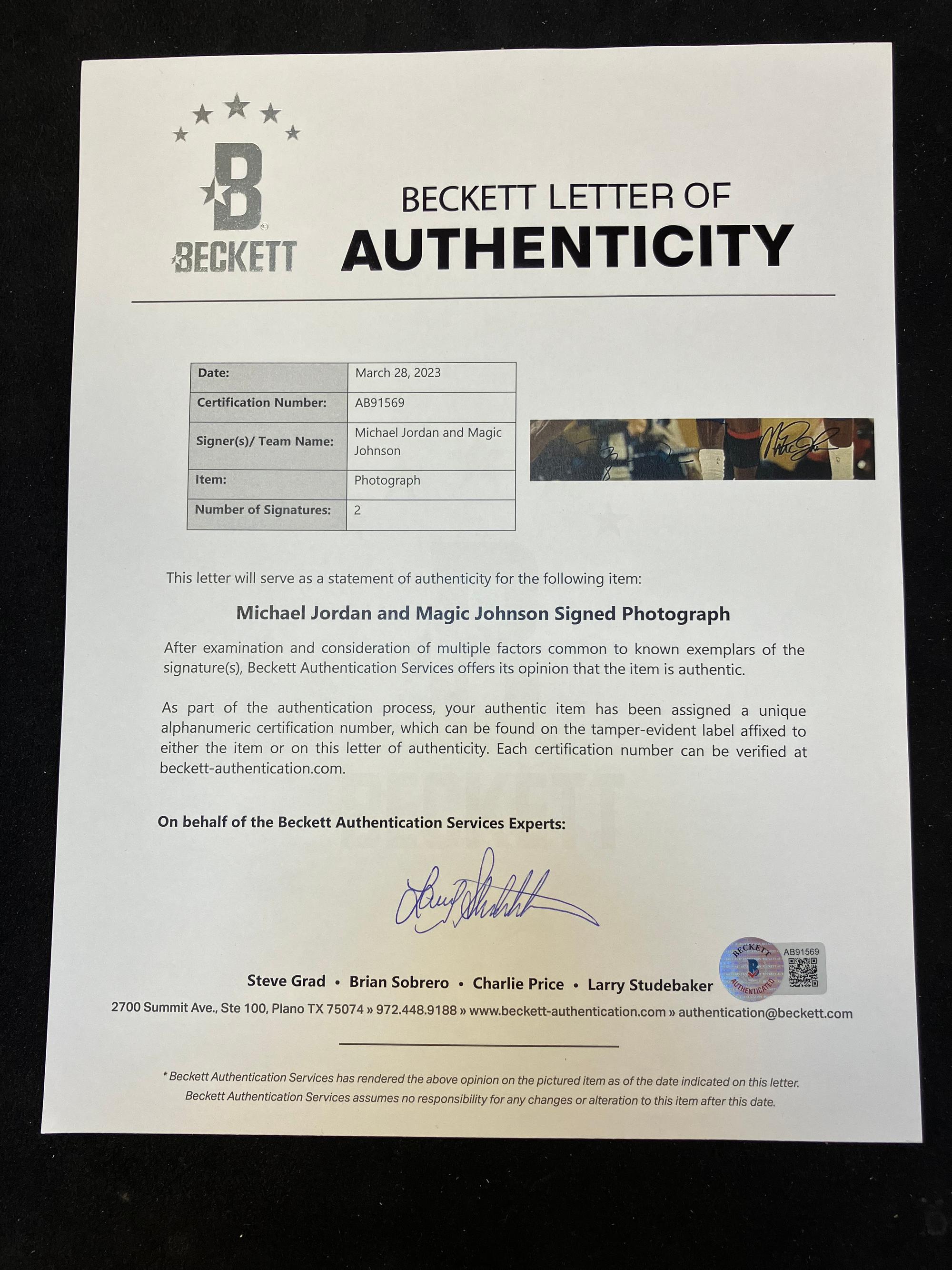 A Michael Jordan and Magic Johnson Signed Autograph Oversized Limited Edition Photograph (Beckett Authentication Services Letter, Upper Deck Hologram),