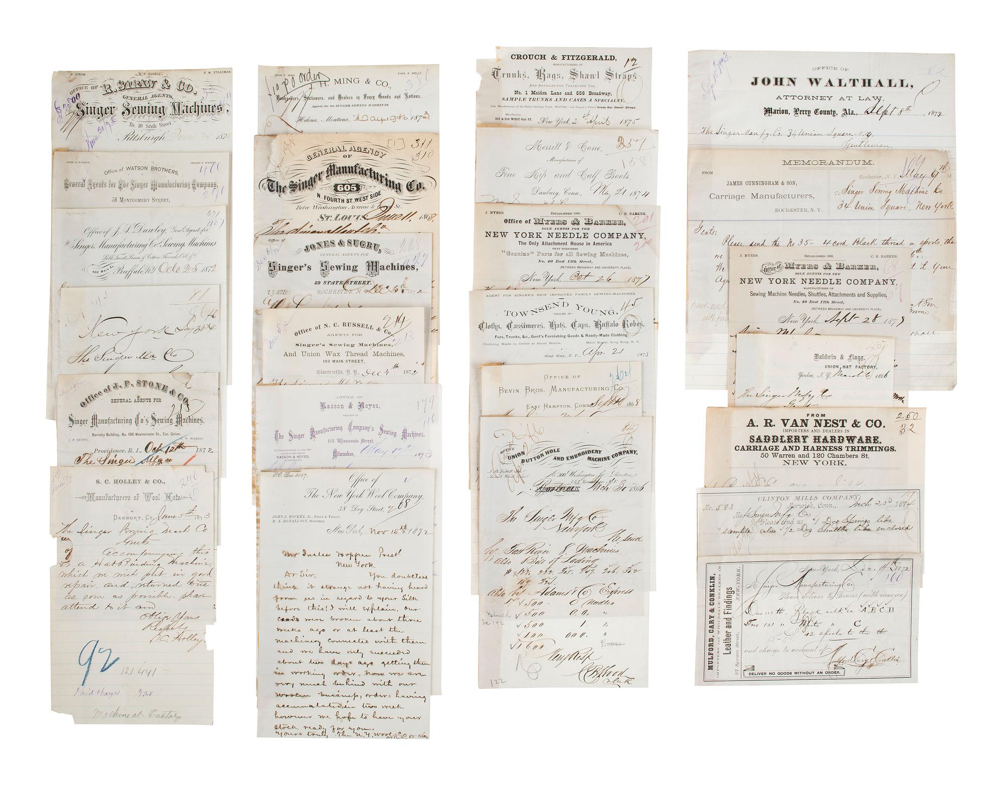 [BUSINESS & INDUSTRY]. Extensive manuscript archive involving the Singer Manufacturing Company and associated employees, agents, manufacturers, and clients.