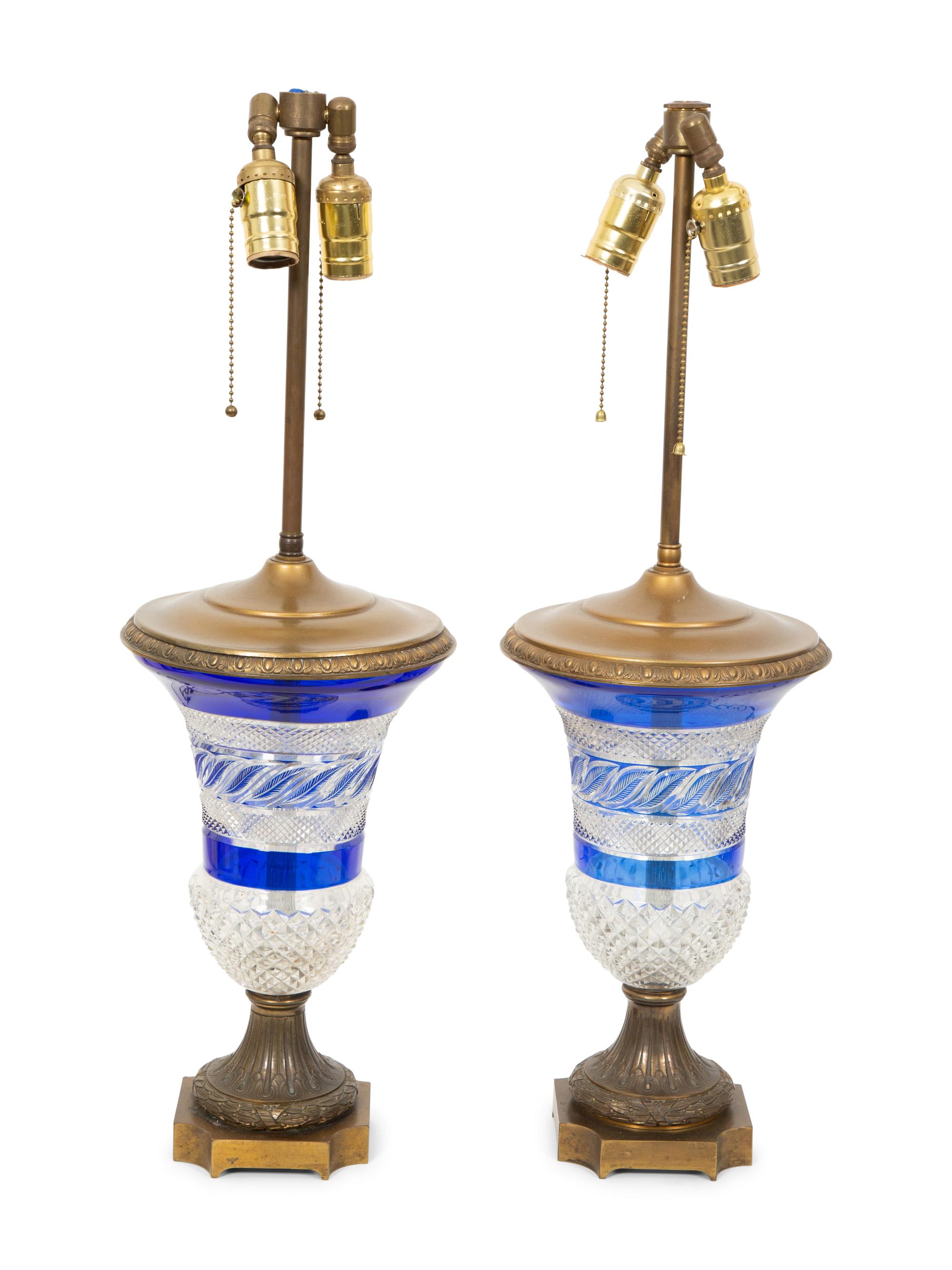 A Pair of French Gilt Bronze Mounted Blue and Colorless Cut Glass Table Lamps