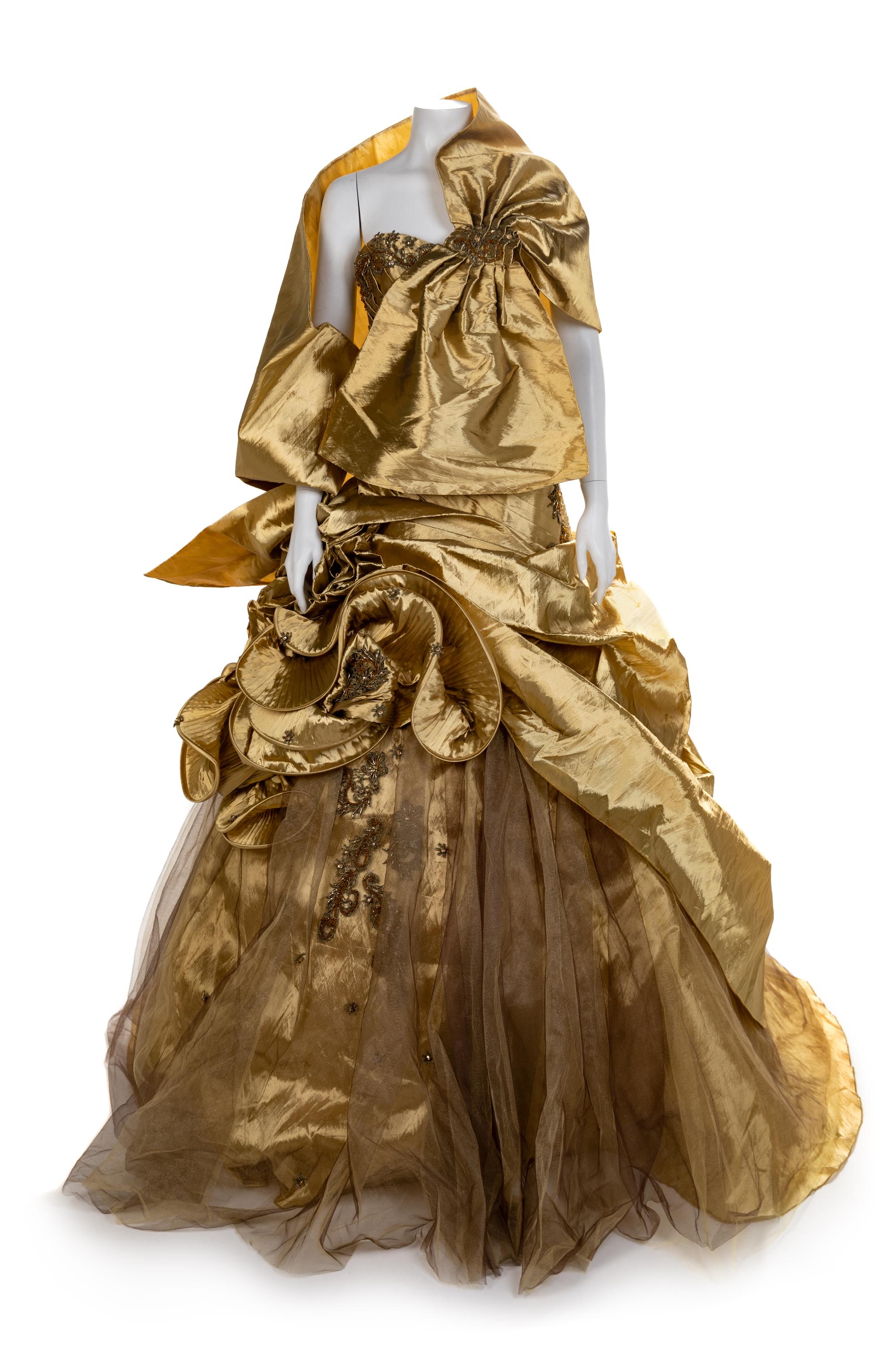 J & M Costumers Hollywood Gold Gown with Shawl, 1990-2000s