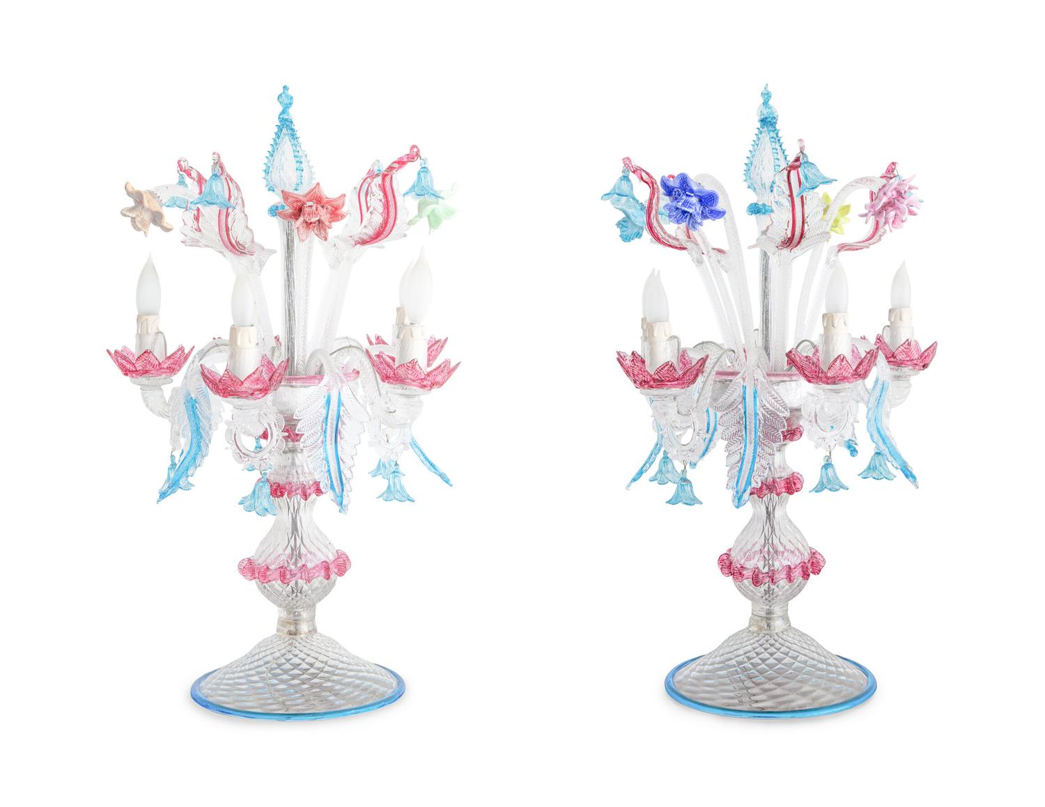 A Pair of Murano Glass Five-Light Girandoles