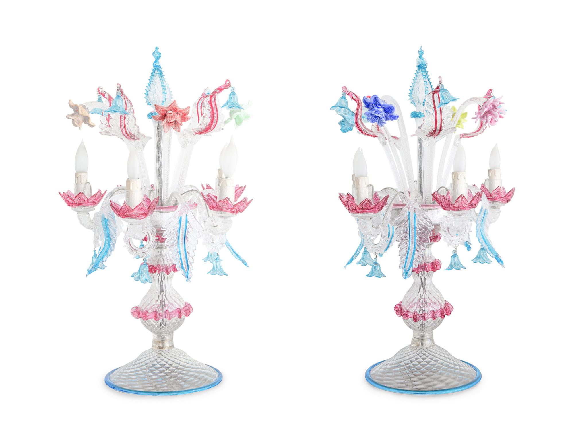 A Pair of Murano Glass Five-Light Girandoles